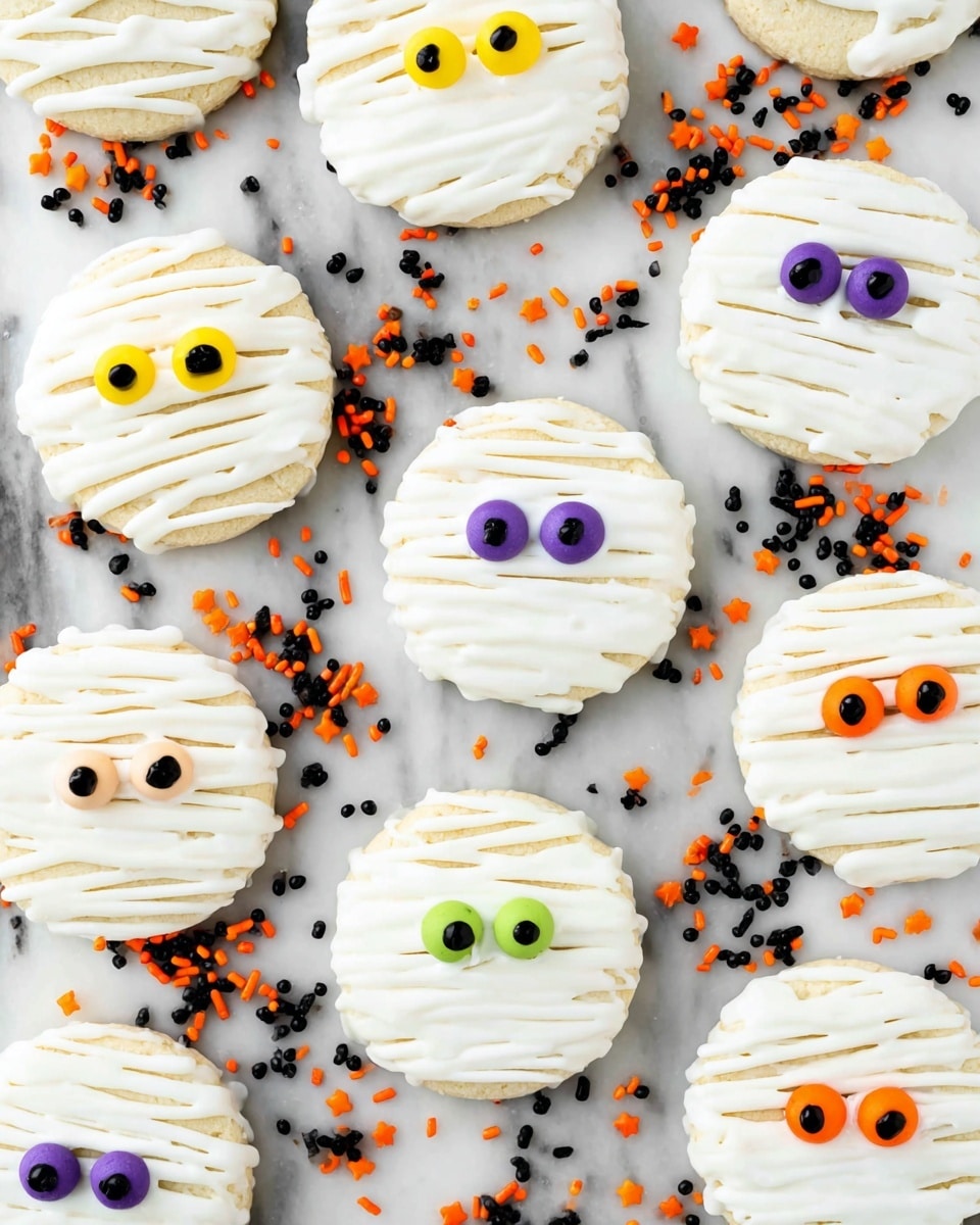 The image shows several round cookies, each covered with thick, white icing that is textured with thin, horizontal lines to look like wrappings. Each cookie has two large, colorful candy eyes peeking out from the icing; the eyes come in different colors like yellow, orange, green, purple, and black paired with contrasting pupils. The cookies are arranged scattered on a white marbled surface with small Halloween-themed sprinkles in black, orange, and purple sprinkled around them. The overall look is festive and fun with a mummy-themed decoration style. photo taken with an iphone --ar 4:5 --v 7