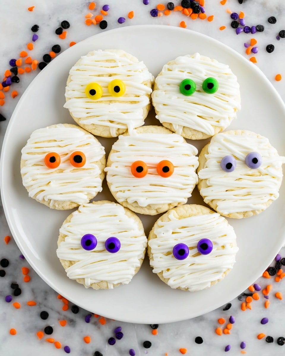 A white plate holds seven round cookies, each covered in a thick, creamy white frosting that is piped in wavy lines to look like mummy wrappings. Each cookie features two large, colorful candy eyes in different colors: yellow, green, orange, purple, and black pupils, all placed near the center. The cookies sit on a white marbled surface, which is sprinkled with small orange, purple, and black sprinkles scattered around. photo taken with an iphone --ar 4:5 --v 7