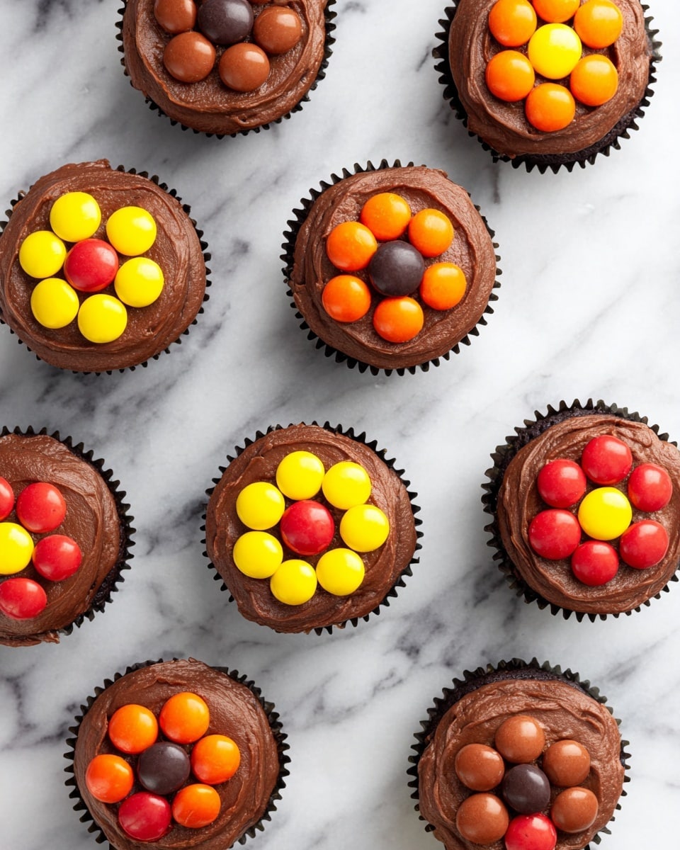 The image shows several chocolate cupcakes evenly spread on a white marbled surface. Each cupcake has one layer of smooth chocolate frosting covering the top. On each cupcake, there is a ring of six round candy pieces forming a flower shape with a different colored candy in the center. The candy colors include yellow, orange, red, and dark brown, with the center candy contrasting to create a clear flower pattern. The cupcake liners are dark, and the overall setup looks neat and colorful. Photo taken with an iphone --ar 4:5 --v 7