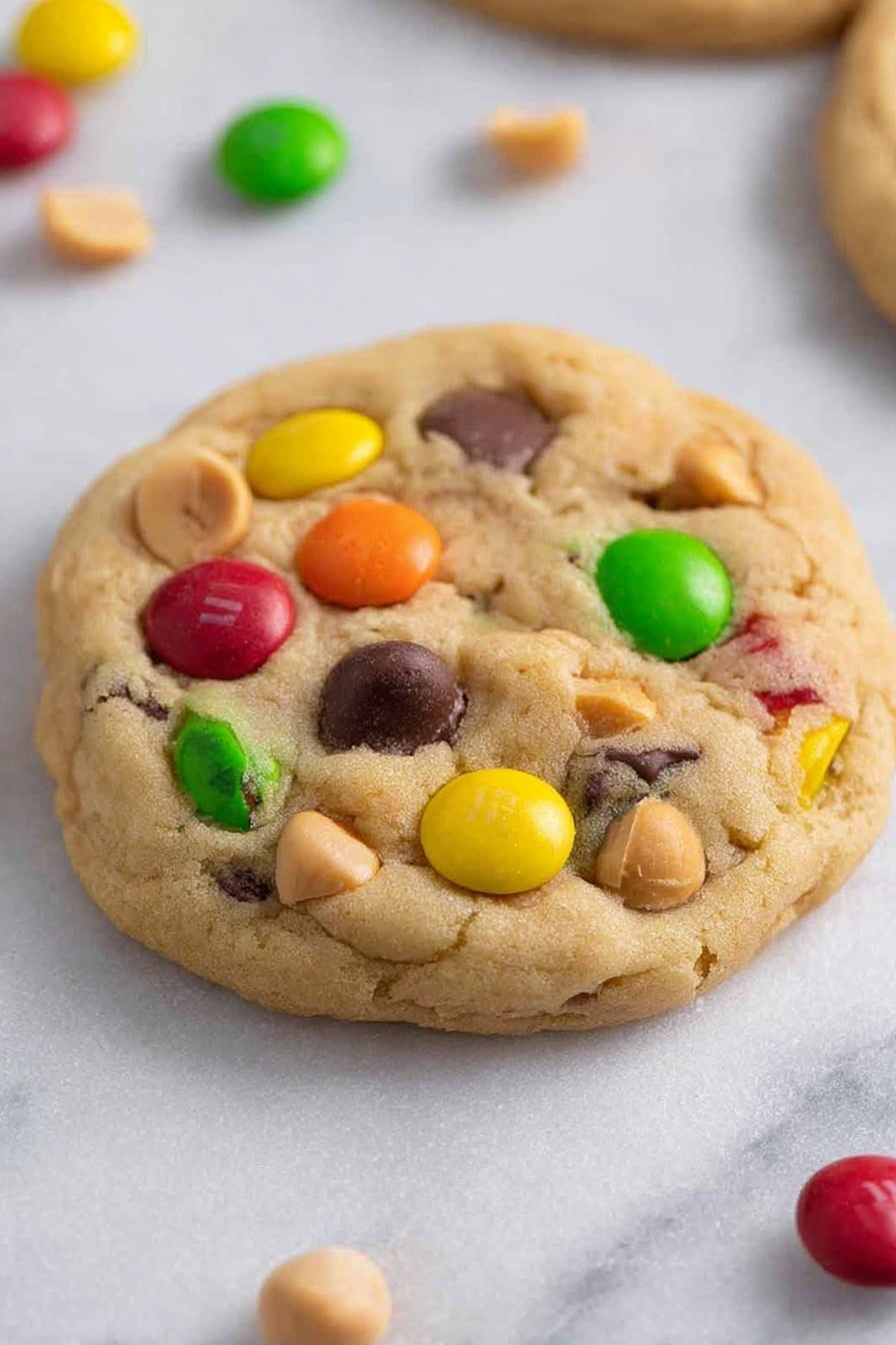 Crumbl Monster Cookie, Monster Cookie recipe, colorful cookie recipe, easy chocolate chip cookies, homemade cookie ideas - A light golden cookie with a soft texture is shown close up on a white marbled surface. The cookie is studded with colorful candy-coated chocolates in red, green, yellow, and orange, along with smooth, creamy peanut pieces and dark chocolate chips spread evenly throughout. The cookie has a slightly round shape with a slight uneven edge, and the top layer shows all the different candy and nut colors contrasting with the light cookie dough. Several more colorful candies are scattered loosely around the cookie on the white marbled background. photo taken with an iphone --ar 2:3 --v 7