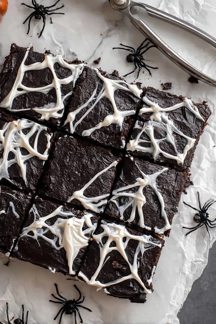 Black Cocoa Brownies with Spider Web Topping, black cocoa brownies, spooky Halloween brownies, fudgy black cocoa dessert, spider web brownies - A square block of dark black brownies is placed on a white marbled surface, divided into 16 small square pieces. The brownies are decorated with thin, irregular white cream strands that look like spider webs spread across the top layer, creating a delicate texture. Small black plastic spiders are scattered on and around the brownies, enhancing the spooky theme. The background includes a pair of metal tongs lying diagonally above the brownies. photo taken with an iphone --ar 2:3 --v 7