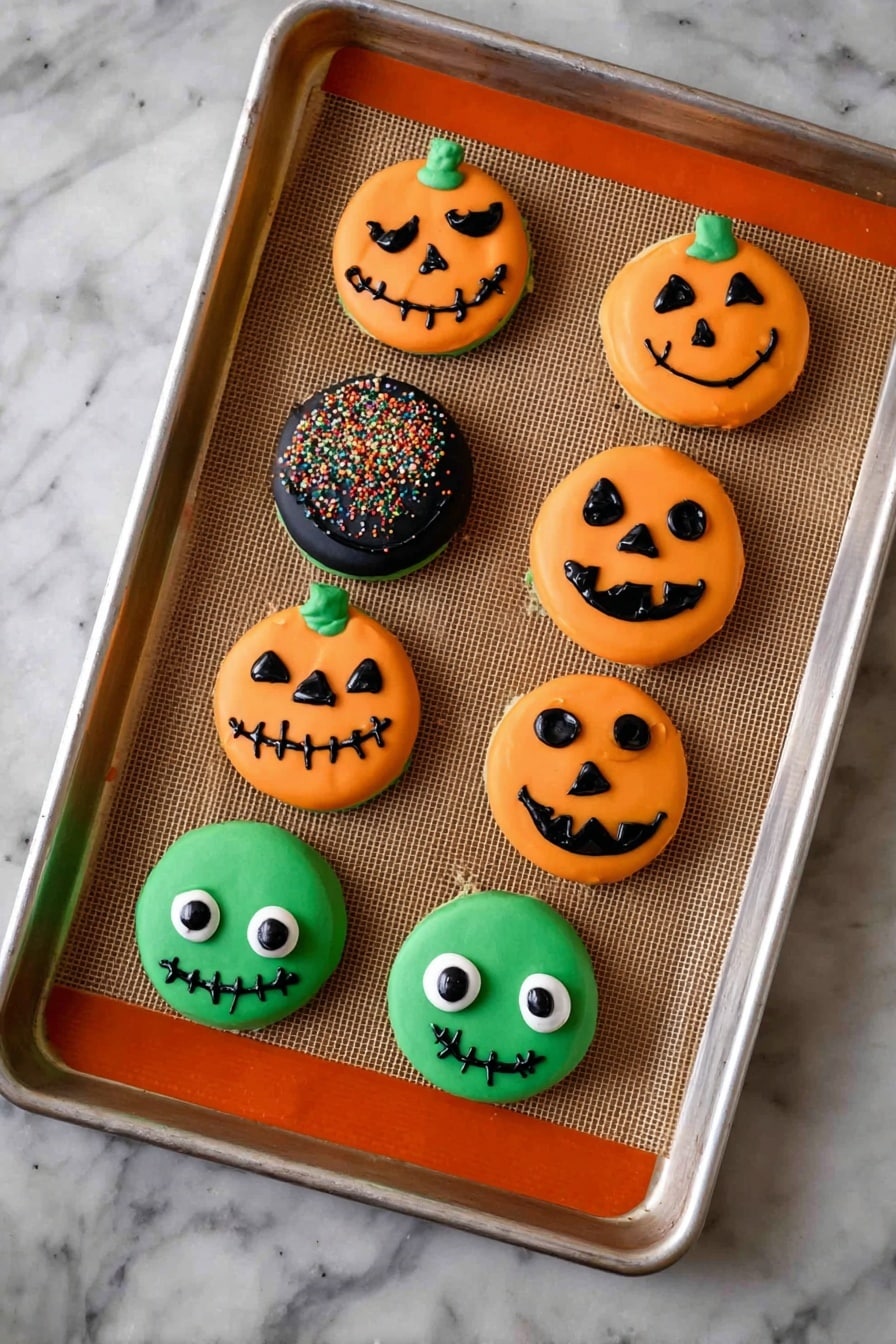 Spooky Halloween Chocolate-Covered Oreos, Halloween Oreo dessert, Halloween treats, Halloween party snacks, festive Halloween candies - The image shows a group of small round cakes decorated for Halloween on a white marbled surface. The central cake is green with one large white eye in the middle, topped with a black pupil and a black curved line forming a smile. Around it, there are orange cakes with black jack-o'-lantern faces made from simple triangle eyes and a smiling mouth. Two white cakes with textured frosting look like wrapped mummies, each with two small black eyes. Plastic black spiders are placed near the cakes, and there are small pumpkin-shaped candies with orange bodies and green tops near the bottom right corner. Photo taken with an iphone --ar 2:3 --v 7