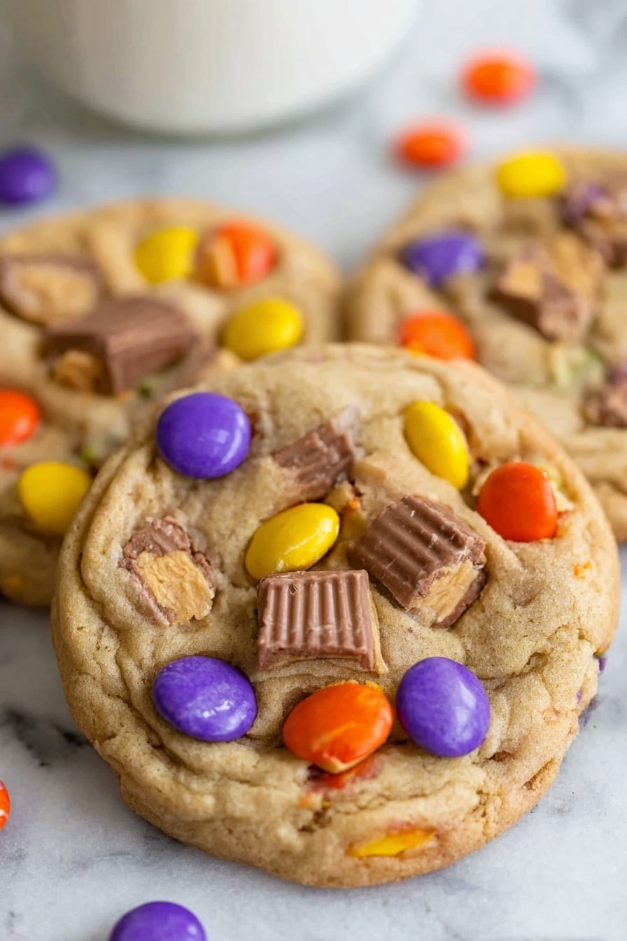 Leftover Halloween Candy Cookies, Halloween candy dessert ideas, chewy Halloween cookies, how to use leftover Halloween candy, easy Halloween cookie recipes - The image shows a close-up of three soft, thick cookies on a white marbled surface. Each cookie has a light golden-brown color with a slightly rough texture. The cookies are decorated with colorful candy pieces in purple, yellow, orange, and red scattered unevenly on the surface. Additionally, there are chunks of mixed chocolate pieces embedded, including milk chocolate with a creamy filling and small peanut butter cup pieces with a textured striped pattern. The cookies appear fresh and slightly warm. photo taken with an iphone --ar 2:3 --v 7