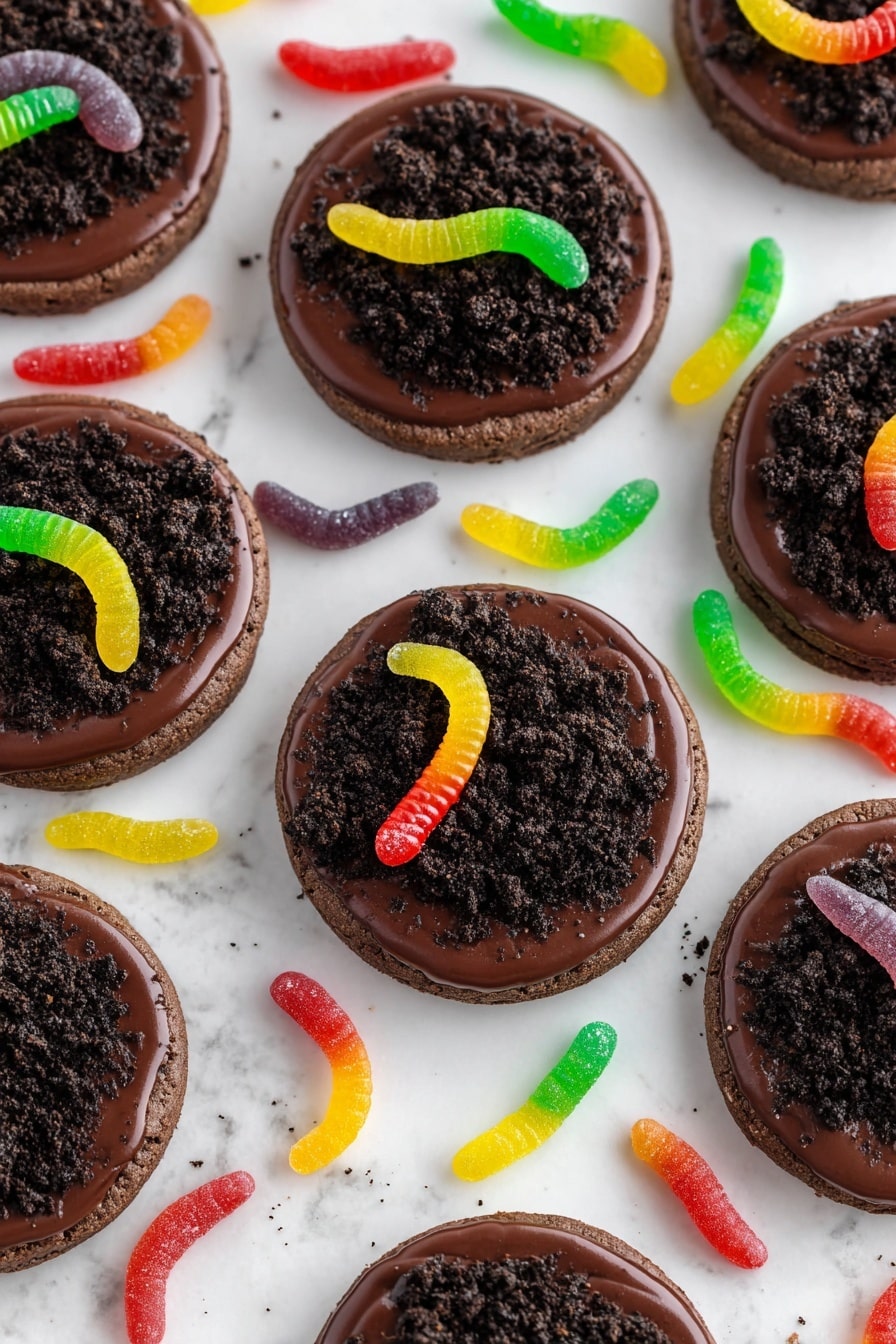 Dirt and Worm Cake Mix Cookies, chocolate cake mix cookies, gummy worm cookies, fun dessert recipes, nostalgic kids' treats - A stack of round chocolate cookies forms the base layer, each cookie with a dark brown color and a slightly rough texture. On top of each cookie is a smooth layer of shiny dark chocolate spread, covering the surface evenly. Over the chocolate layer, there is a generous sprinkling of finely crushed Oreo cookie crumbs that look like dark dirt. Each cookie is decorated with a colorful gummy worm placed on top, showing bright colors like green, blue, yellow, orange, and red, curved along the cookie's circle. The cookies are arranged closely together, filling the frame with a background of white marbled texture barely visible. Photo taken with an iphone --ar 2:3 --v 7