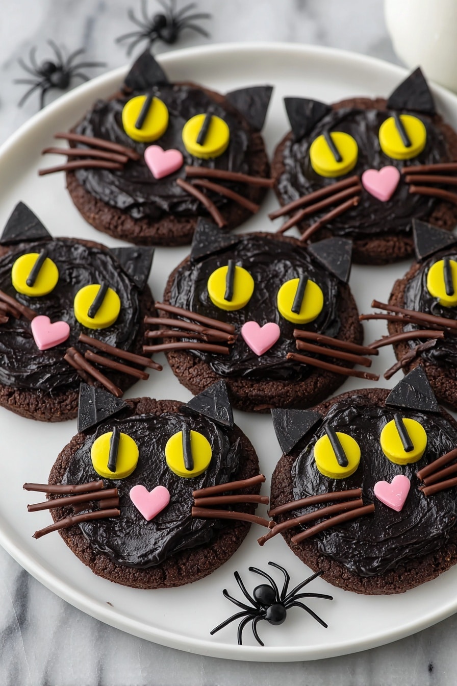 Black Cat Cookies, Halloween cookies, cute chocolate cookies, festive cookie recipes, decorative cookie ideas - The image shows six round chocolate cookies arranged on a large white plate, each decorated to look like a black cat face. Every cookie has a thick dark chocolate frosting layer as the base. Two bright yellow candy eyes with black vertical slits sit near the top center of each cookie. Below the eyes, there is a small pink heart-shaped candy for the nose. Thin, brown licorice strips are placed on both sides of the nose to form whiskers. Two small, triangular pieces of chocolate are placed at the top edge of each cookie to create cat ears. The plate sits on a white marbled surface with two small black plastic spiders nearby for decoration. photo taken with an iphone --ar 2:3 --v 7