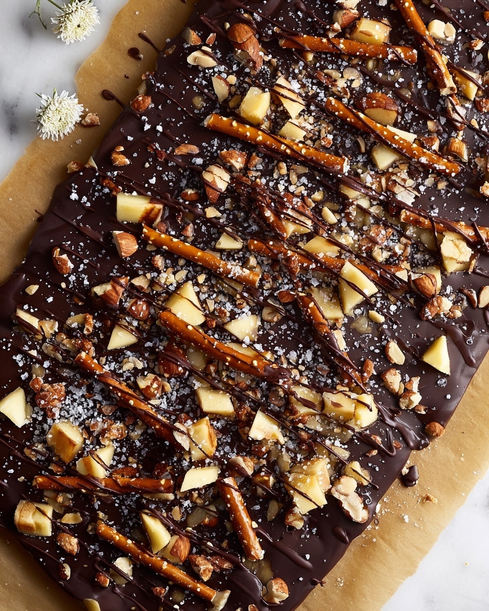 Caramel Apple Pretzel Bark, caramel apple pretzel bark, festive dessert, easy holiday treat, sweet and salty snack - The image shows a close-up of a dessert with three main layers. The bottom layer is made of pretzels with a warm brown color and a crunchy texture, spread evenly. On top of the pretzels, there are many broken pieces of light beige toffee or brittle, adding a rough and chunky texture. The top layer is a thick, glossy dark chocolate drizzle covering the brittle and pretzels, with some scattered coarse sea salt crystals and small peanut pieces adding extra texture and color contrast. The overall look is shiny and rich, with different shades of brown, beige, and dark chocolate, all resting on a white marbled surface. photo taken with an iphone --ar 2:3 --v 7