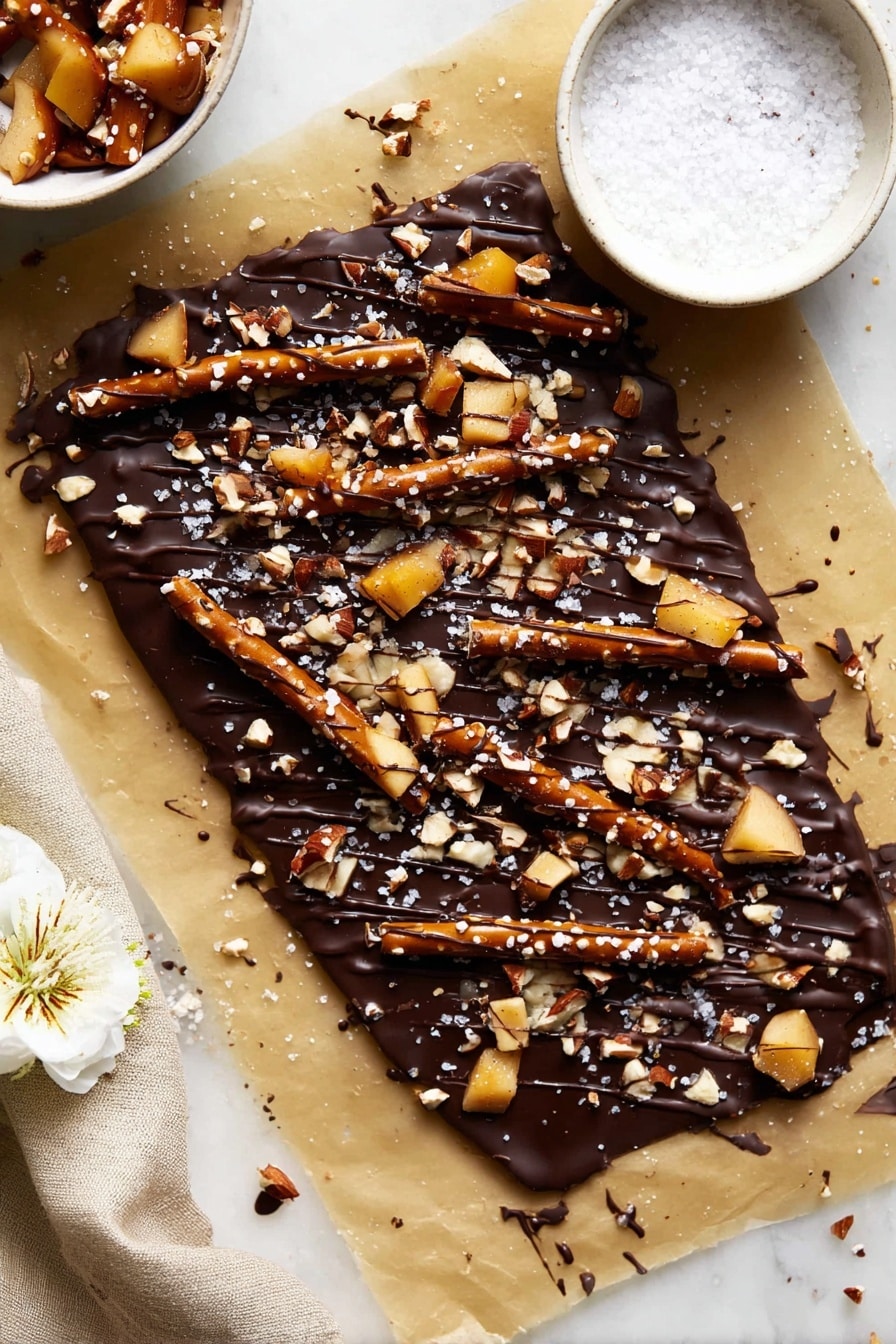 Caramel Apple Pretzel Bark, caramel apple pretzel bark, festive dessert, easy holiday treat, sweet and salty snack - The image shows thick dark chocolate bark with two main layers: a smooth, glossy dark brown chocolate base, and a thick topping layer of broken pretzel sticks, small light tan nut pieces, light tan apple chunks, and a drizzle of darker chocolate sauce across the top. The bark pieces rest on light brown parchment paper over a white marbled surface. To the side, there is a small white bowl filled with coarse sea salt. Small white flowers are placed decoratively around the edges. photo taken with an iphone --ar 2:3 --v 7
