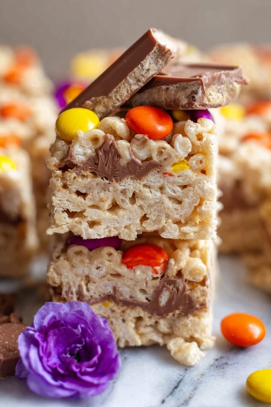Chocolate Peanut Butter Rice Krispie Treats, peanut butter and chocolate treats, easy rice krispie treats, no-bake rice krispie recipes, nostalgic snack ideas - Two rice cereal treats stacked on top of each other on a white marbled surface. Each treat has a light tan color with a crispy texture. The top treat shows a middle layer of melted chocolate surrounded by the rice cereal. Bright candy-coated chocolates in orange and yellow colors are scattered on top. There is also a piece of chocolate candy bar on the top treat. A purple edible flower petal is near the base of the stack. The background shows more of the same treats out of focus. photo taken with an iphone --ar 2:3 --v 7
