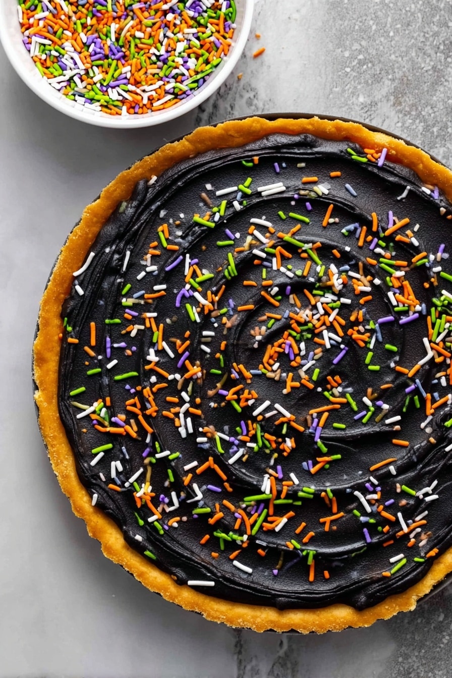 Halloween Pumpkin Spice Cookie Cake, pumpkin spice cookie cake recipe, fall cookie cake, festive Halloween dessert, easy pumpkin spice cookies - A round tart with a golden-brown crust forms the base layer, topped with a thick, smooth layer of black frosting spread evenly across the surface with visible swirl textures. Colorful sprinkles in green, orange, white, and purple are scattered evenly over the black frosting, adding bright pops of color. A white bowl filled with the same sprinkles is placed above the tart on a white marbled surface, visible in the top right corner of the image. photo taken with an iphone --ar 2:3 --v 7