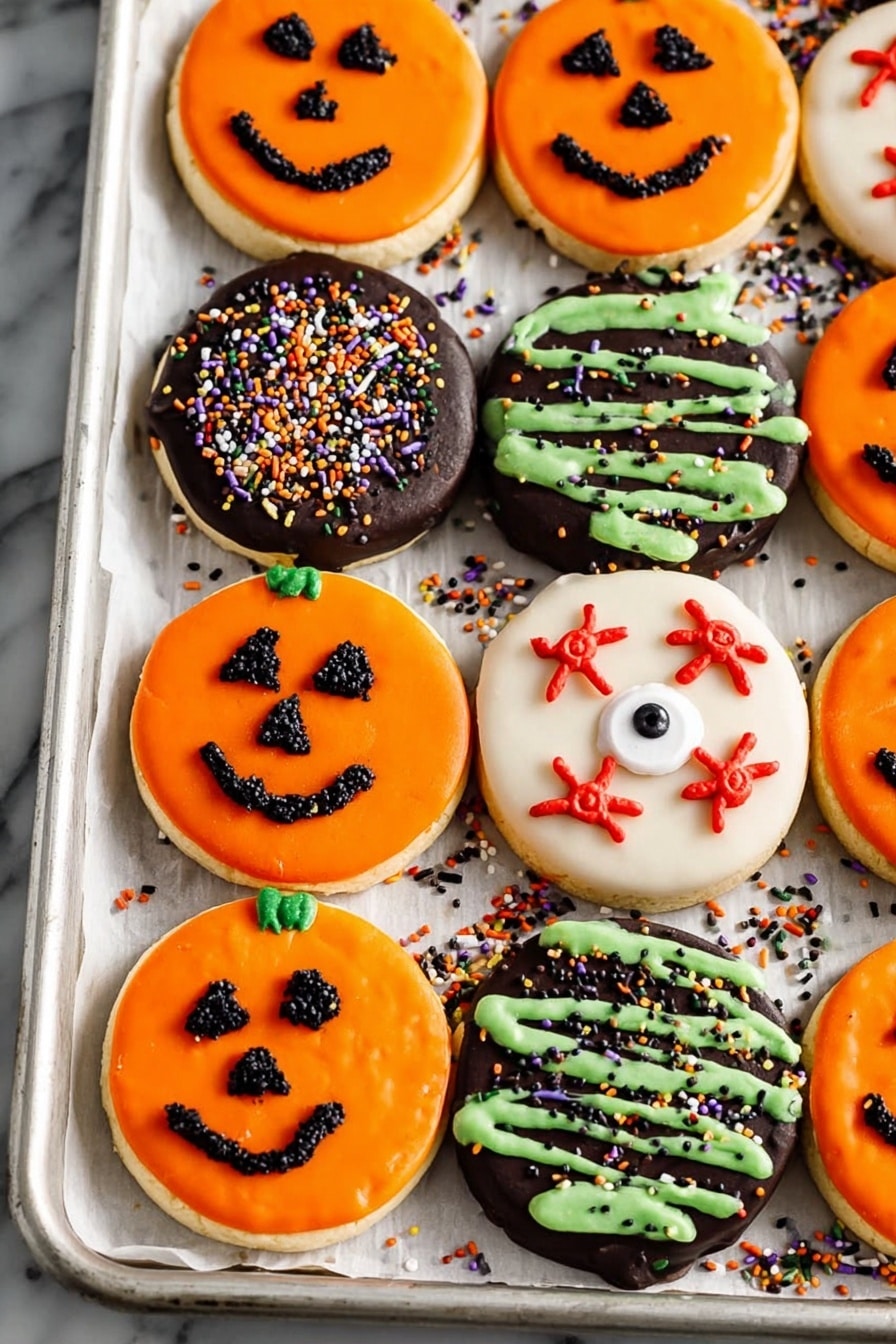 Halloween Oreo Candy Molded Treats, Halloween Oreo Candy, Oreo holiday treats, festive Halloween candy recipes, homemade Halloween Oreo candies - Three kinds of round cookies are shown on a baking tray lined with white parchment paper over a white marbled surface. The first kind has a solid bright orange icing base with black icing faces that look like jack-o'-lanterns, with two triangular eyes, a nose, and a smiling mouth. The second kind has a smooth white icing base topped with a small, round white candy with a black dot in the center, red icing lines coming out from the candy like spider legs. The third kind has a dark chocolate base with thick green icing drizzled diagonally over the top and multi-colored sprinkles scattered across the icing and tray. The cookies are closely arranged, and there are loose sprinkles of black, white, green, orange, and purple around them. photo taken with an iphone --ar 2:3 --v 7