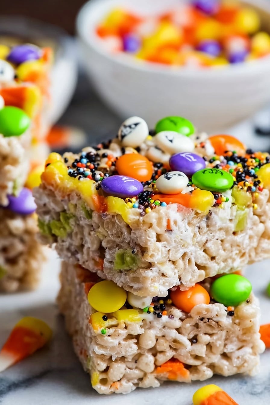 Halloween Rice Krispies Treats, Halloween treats, festive Rice Krispies squares, spooky Halloween dessert, easy Halloween party snacks - The image shows a close-up of three square crispy rice treats stacked on top of each other. Each treat has visible layers of light beige crispy rice mixed with melted white marshmallow that creates a sticky texture. On top, colorful candy pieces, including candy corn in yellow, orange, and white, as well as green and orange M&M-like chocolates and small colorful sprinkles in black, purple, green, and orange, decorate the surface. The treats sit on a white marbled surface with more colorful candy pieces in clear white bowls blurred in the background. Photo taken with an iphone --ar 2:3 --v 7