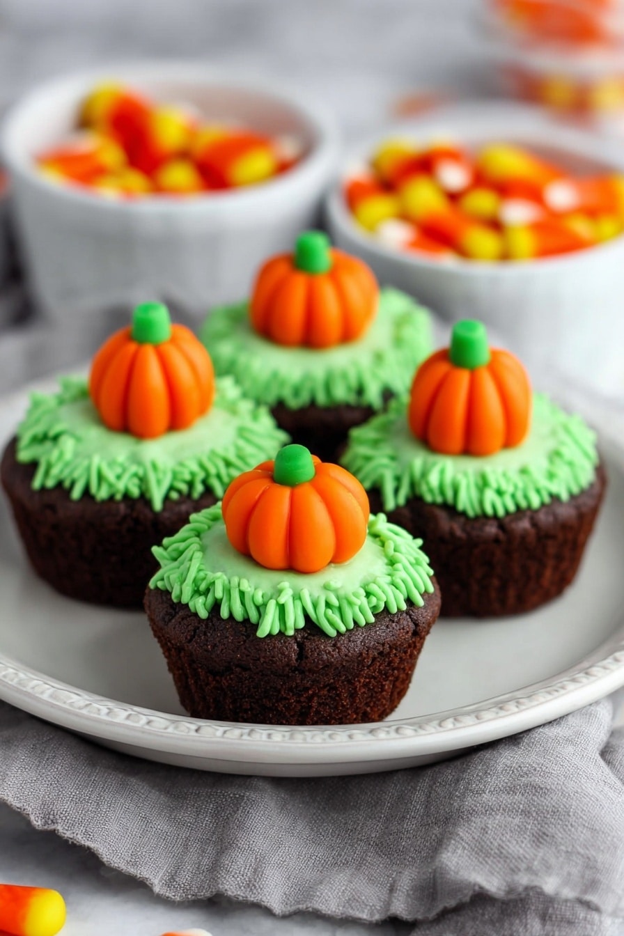 Pumpkin Patch Brownie Bites, mini autumn brownies, Halloween party treats, seasonal dessert ideas, festive brownie bites - The image shows four small dark brown cupcakes placed closely on a white plate with a dotted edge. Each cupcake has a textured green frosting layer on top, piped to look like grass, and a small orange pumpkin-shaped candy with green detail in the center. The plate sits on a gray cloth on a white marbled surface. In the blurred background, two white bowls contain more orange pumpkin-shaped candies. The scene is bright with soft lighting highlighting the colors and textures. Photo taken with an iphone --ar 2:3 --v 7