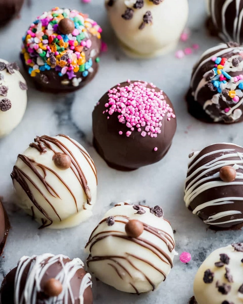 The image shows a group of round chocolate truffles arranged on a white marbled surface. Each truffle has a smooth chocolate coating, some covered fully in dark chocolate and others in white chocolate. They are decorated with various toppings: some have colorful round sprinkles, others have pink sprinkles clustered on top, and a few have small chocolate balls placed on the surface. Several truffles have thin drizzles of white or dark chocolate over the top, creating a textured, striped effect. The truffles are spaced irregularly, forming a casual but attractive pattern. photo taken with an iphone --ar 4:5 --v 7