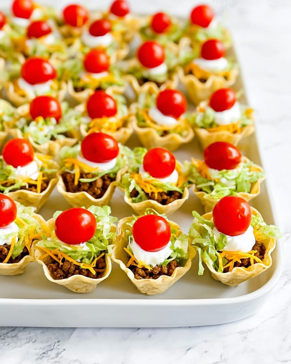 The image shows a white plate holding 30 small taco cups arranged in neat rows. Each taco cup has a crisp, light beige shell with a wavy texture, filled with layered ingredients: at the bottom, cooked brown minced meat, topped with a small amount of shredded yellow cheese, followed by green shredded lettuce, a small dollop of white sour cream, and finished with a bright red halved cherry tomato placed on top. The background is a clean white marbled surface and the lighting is bright, highlighting the fresh colors of the taco cups. photo taken with an iphone --ar 4:5 --v 7