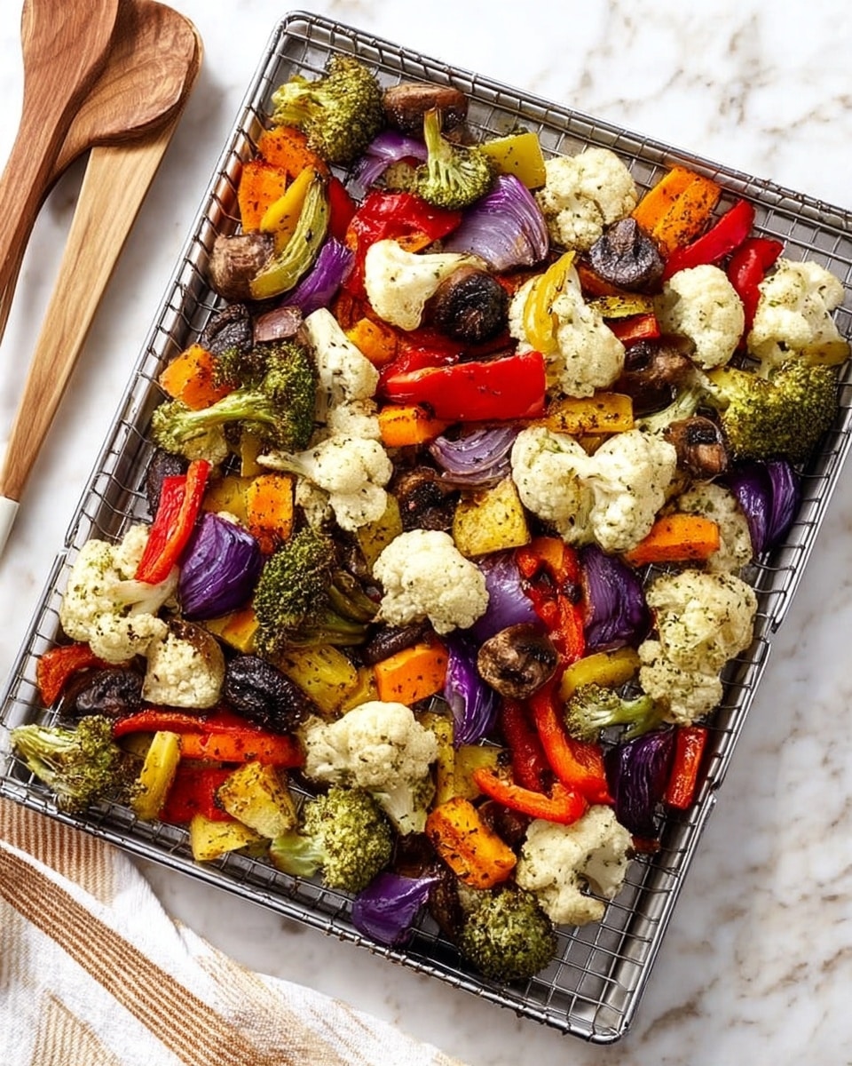 A white wire rack holds an assortment of roasted vegetables spread out evenly, featuring green broccoli florets with some charred edges, creamy white cauliflower pieces, orange carrot sticks, bright red bell pepper chunks, deep purple potato slices, red onion wedges showing layers, and small dark brown mushrooms. The vibrant colors and varied textures create a lively and fresh look, all set against a white marbled surface. Photo taken with an iphone --ar 4:5 --v 7