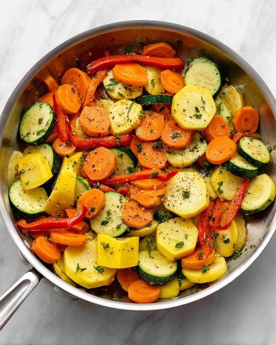 A large metal pan filled with cooked mixed vegetables including orange carrot slices, green and yellow zucchini half-moons, red bell pepper strips, and yellow squash pieces, all mixed together and sprinkled with small green herb bits. A black spoon with a wooden handle rests inside the pan on the right side. The pan sits on a white marbled surface photo taken with an iphone --ar 4:5 --v 7
