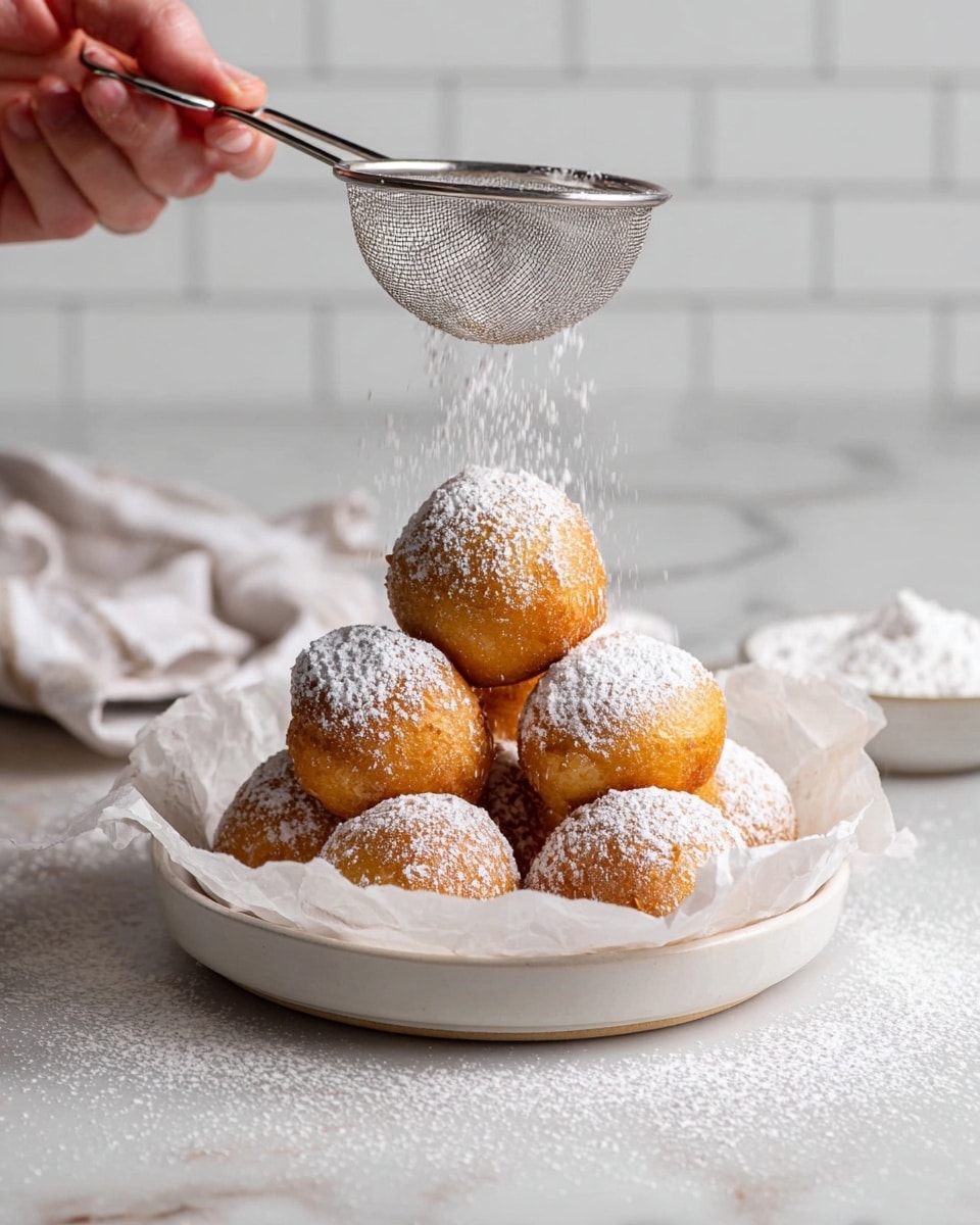 A white pedestal bowl holds seven round golden-brown dough balls stacked in two uneven layers, each ball dusted with light powdered sugar giving a soft white texture on top; the bowl is lined with beige parchment paper that folds over the edges. The setting is a white marbled surface with scattered powdered sugar and a metal fine sieve filled with powdered sugar in the foreground. The background has white tiled walls and a soft beige cloth nearby, creating a clean and simple kitchen scene. photo taken with an iphone --ar 4:5 --v 7