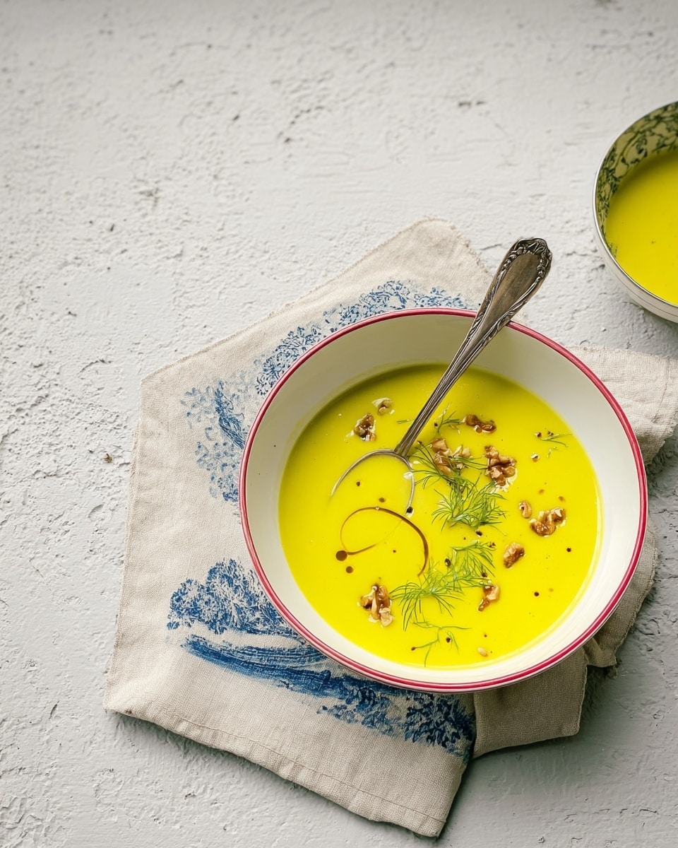 A white bowl filled with smooth, light green soup forms the base layer. On top, there is a swirl of dark brown oil drizzled in a circle near the edge. Scattered across the surface are small pieces of brown walnut, adding texture. Bright green thin herb strands and small green leaves are placed in different spots, giving freshness. A few black pepper specks are sprinkled all over, adding a slight dark contrast. A silver spoon is partially visible on the side of the bowl. The bowl sits on a white marbled surface. photo taken with an iphone --ar 4:5 --v 7