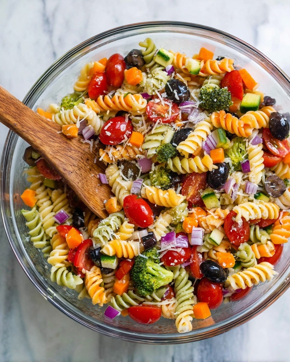 A clear glass bowl filled with colorful pasta salad sits on a white marbled surface. The salad has four main layers: the base is tri-color spiral pasta in white, orange, and green. The second layer is sliced black olives, bright red cherry tomatoes halved, and small broccoli florets scattered evenly. The next layer includes thin carrot rounds, diced yellow bell peppers, and small pieces of cucumber adding fresh green tones. Finally, small bits of red onion and light sprinkles of shredded cheese cover the salad, with two wooden spoons resting in the bowl. photo taken with an iphone --ar 4:5 --v 7