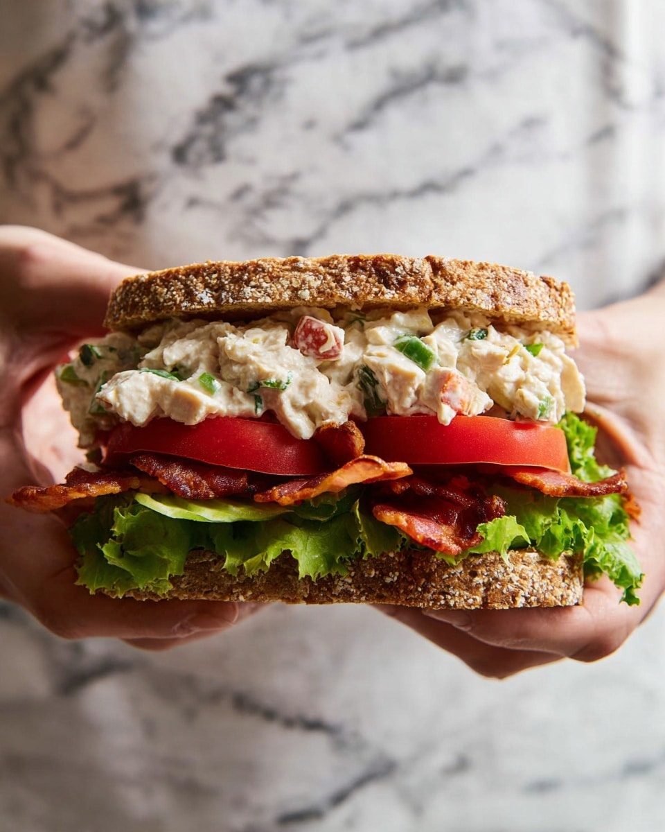 A tall sandwich with three slices of brown oat bread forming two thick layers; each layer is filled first with green leafy lettuce at the bottom, then fresh bright red tomato slices, followed by crispy brown bacon strips, and finally a chunky white chicken salad with visible small green herbs and celery pieces on top. The sandwich sits on a white plate with a white marbled surface underneath, and some chicken salad spills slightly on the plate. Photo taken with an iphone --ar 4:5 --v 7