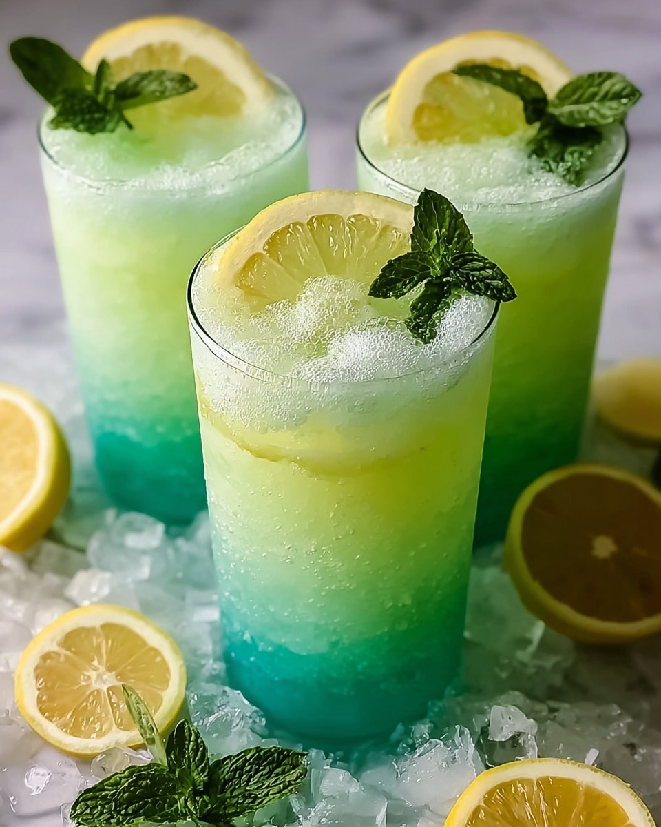 Three tall clear glasses filled with a two-layered drink, bottom layer is a light blue-green color and the top layer is a frothy light green color. Each glass is topped with a thin lemon slice partly submerged in the drink and a fresh green mint leaf next to the lemon slice. The glasses are placed on a white marbled surface with crushed ice scattered around, along with lemon halves and some mint leaves. The colors are bright and fresh, showing a cool and refreshing beverage. photo taken with an iphone --ar 4:5 --v 7