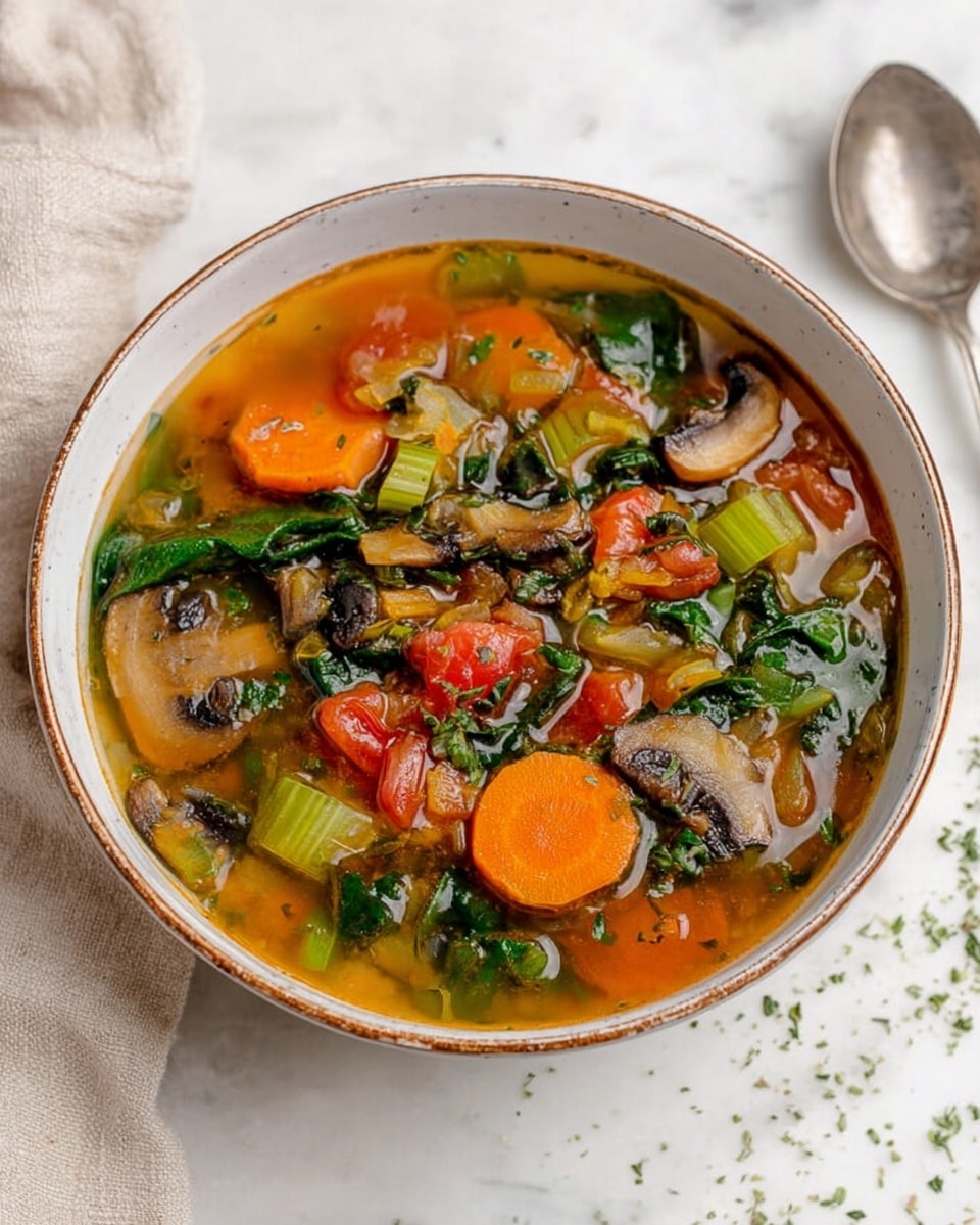 A bowl filled with vegetable soup showing several layers of colorful ingredients: bright orange carrot slices on the top right, green celery pieces scattered throughout, chunks of red tomatoes, dark brown mushroom slices, and dark green spinach leaves, all mixed in a clear golden broth. The bowl is white with a subtle brown rim, placed on a white marbled surface with some small green herb sprinkles around it. A silver spoon lies nearby and a soft beige cloth is partly visible on the left side. The soup looks fresh and vibrant with a mix of smooth broth and chunky vegetables. photo taken with an iphone --ar 4:5 --v 7