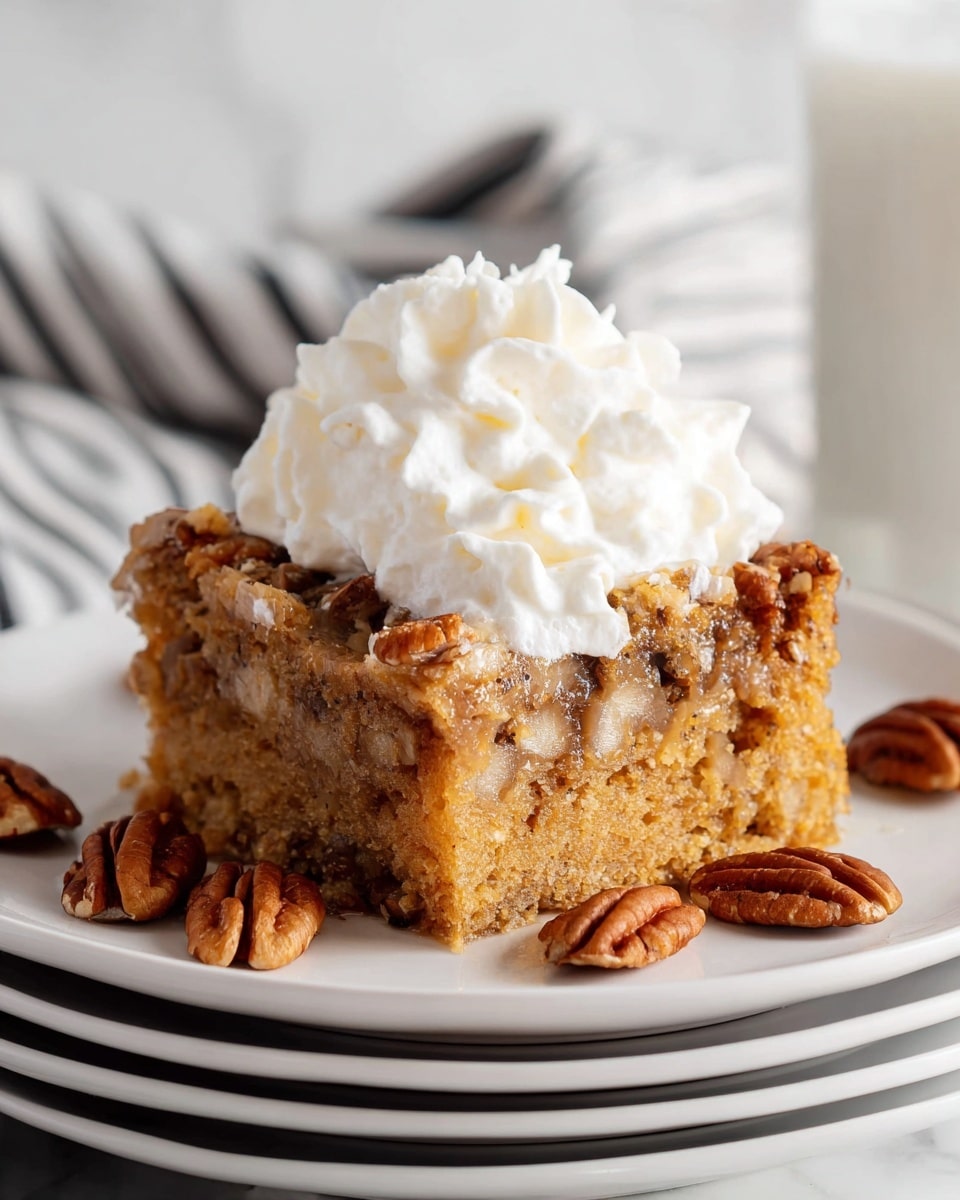 A square piece of soft, brown cake with visible nuts on top sits on a white plate. The cake has a moist texture with small air pockets and crushed nuts mixed inside and on the surface, adding some crunch. A large swirl of white whipped cream rests on top in the center. Around the cake on the plate, there are several whole and broken pecan nuts scattered. The plate is placed on a small stack of white plates against a blurred white marbled surface and a striped cloth background. photo taken with an iphone --ar 4:5 --v 7