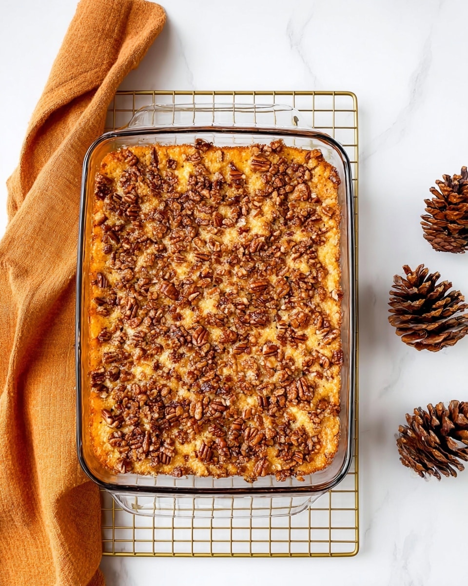 A glass baking dish filled with a golden brown baked dessert that has a crumbly texture on top, sprinkled generously with small chunks of toasted pecans, creating a speckled pattern of dark brown and light beige. The dish sits on a gold cooling rack placed on a white marbled surface. To the left of the dish, there is a soft, folded orange cloth, and to the right, three pine cones are arranged, adding a rustic touch. The overall scene is bright with a clean white background. photo taken with an iphone --ar 4:5 --v 7