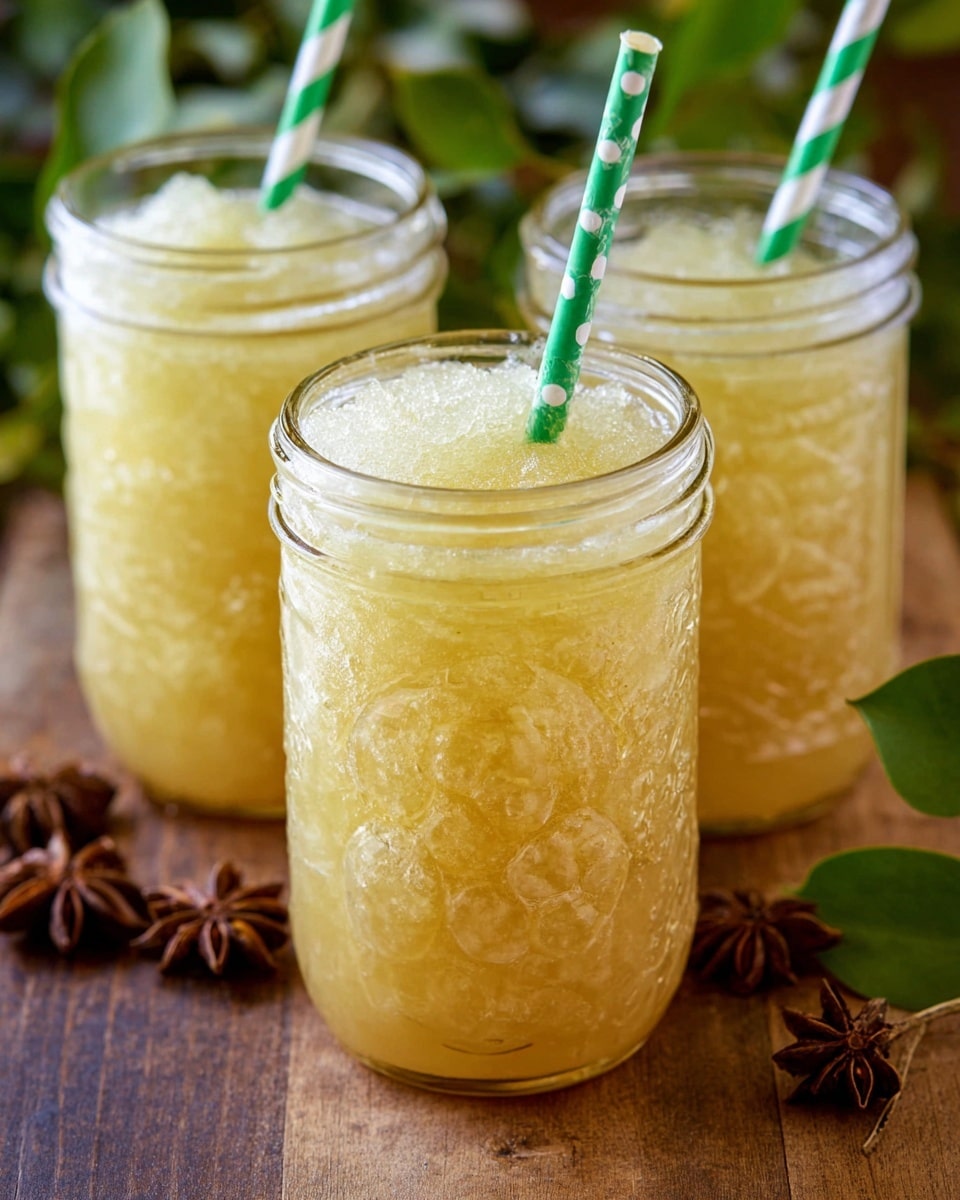 Three clear glass jars filled to the top with a light yellow slushy drink are shown. The jars have an embossed design of grapes and fruit on the front. Each jar has a green and white striped paper straw stuck into the drink. The jars are placed on a wooden surface with some green leaves and star anise visible around them. Photo taken with an iphone --ar 4:5 --v 7