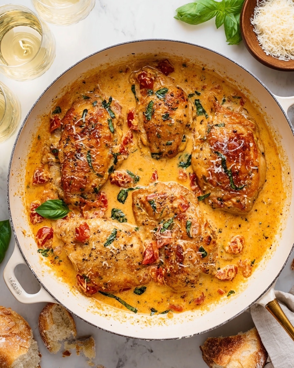 A white pan holds four large, cooked pieces of chicken in creamy orange sauce, filled with small pieces of red tomatoes and green basil leaves. The chicken pieces show a browned, slightly crispy texture and are partly covered by the thick sauce. Around the pan, the white marbled surface has scattered torn pieces of bread, a small wooden bowl with grated cheese, two glasses of white drink, and a few basil leaves. The scene is simple and bright. photo taken with an iphone --ar 4:5 --v 7