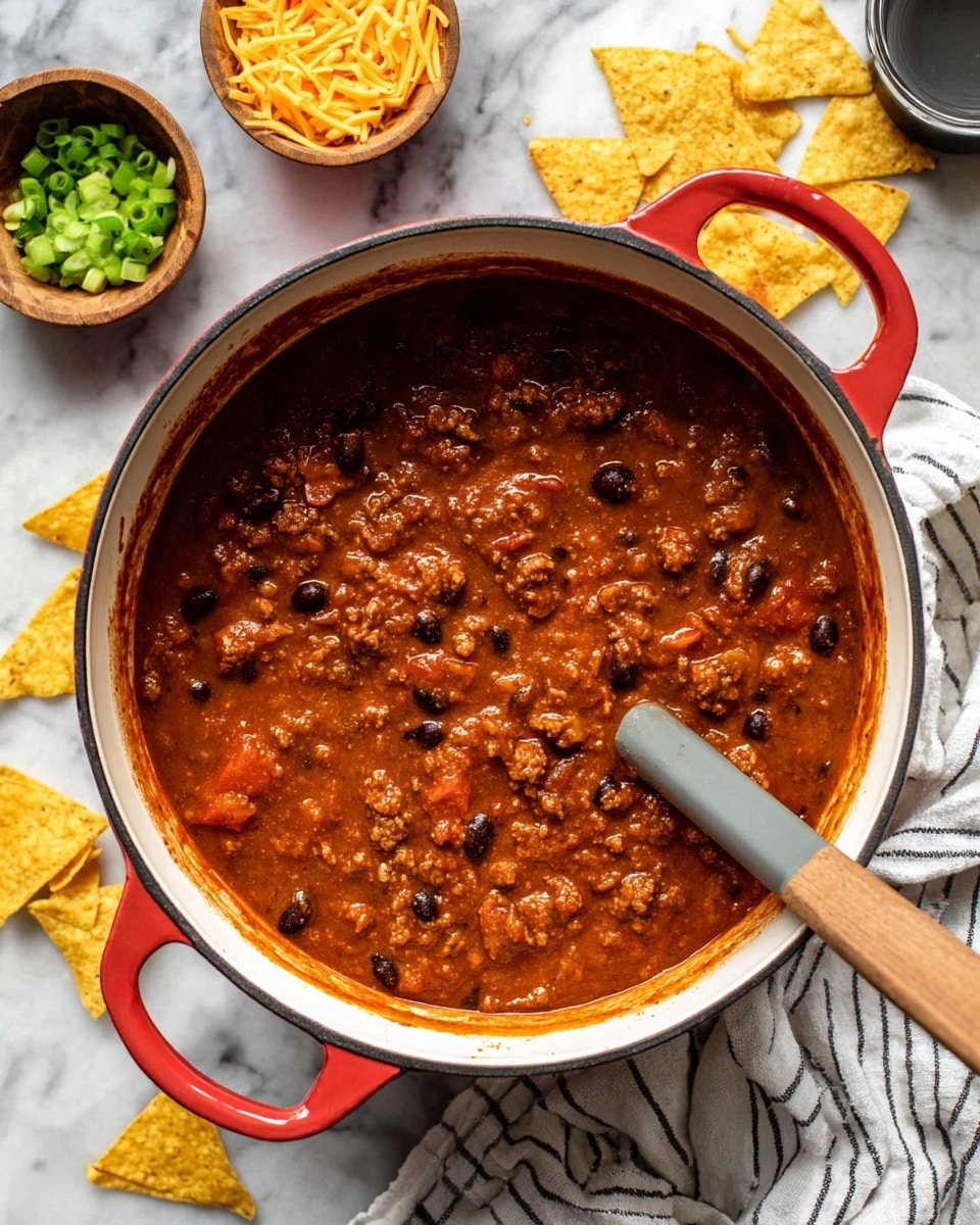 A close-up view of a large white pot with bright red handles filled with thick chili stew. The chili has a rich reddish-brown color with visible chunks of meat, black beans, and bits of tomato, creating a textured and hearty look. Inside the pot, a gray spoon with a wooden handle stirs the chili. Nearby on the white marbled surface, there are scattered yellow triangular tortilla chips, a wooden bowl with chopped green onions, and another bowl with shredded yellow cheese. A striped white and gray cloth rests below the pot. Photo taken with an iphone --ar 4:5 --v 7