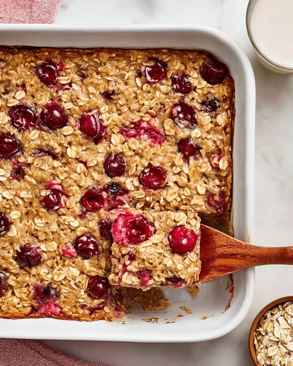 The image shows a white rectangular baking dish filled with a baked oatmeal and cherry dish. The oatmeal layer is golden brown with visible oat flakes spread evenly across the surface. Red cherry halves are scattered throughout, some partly hidden in the oatmeal while others sit on top. A wooden spoon lifts a portion from the bottom right side, revealing a moist, slightly textured inside with more cherries mixed in. The dish sits on a white marbled surface, with a partial view of a small bowl of raw oats nearby and a glass of milk at the top right corner. photo taken with an iphone --ar 4:5 --v 7