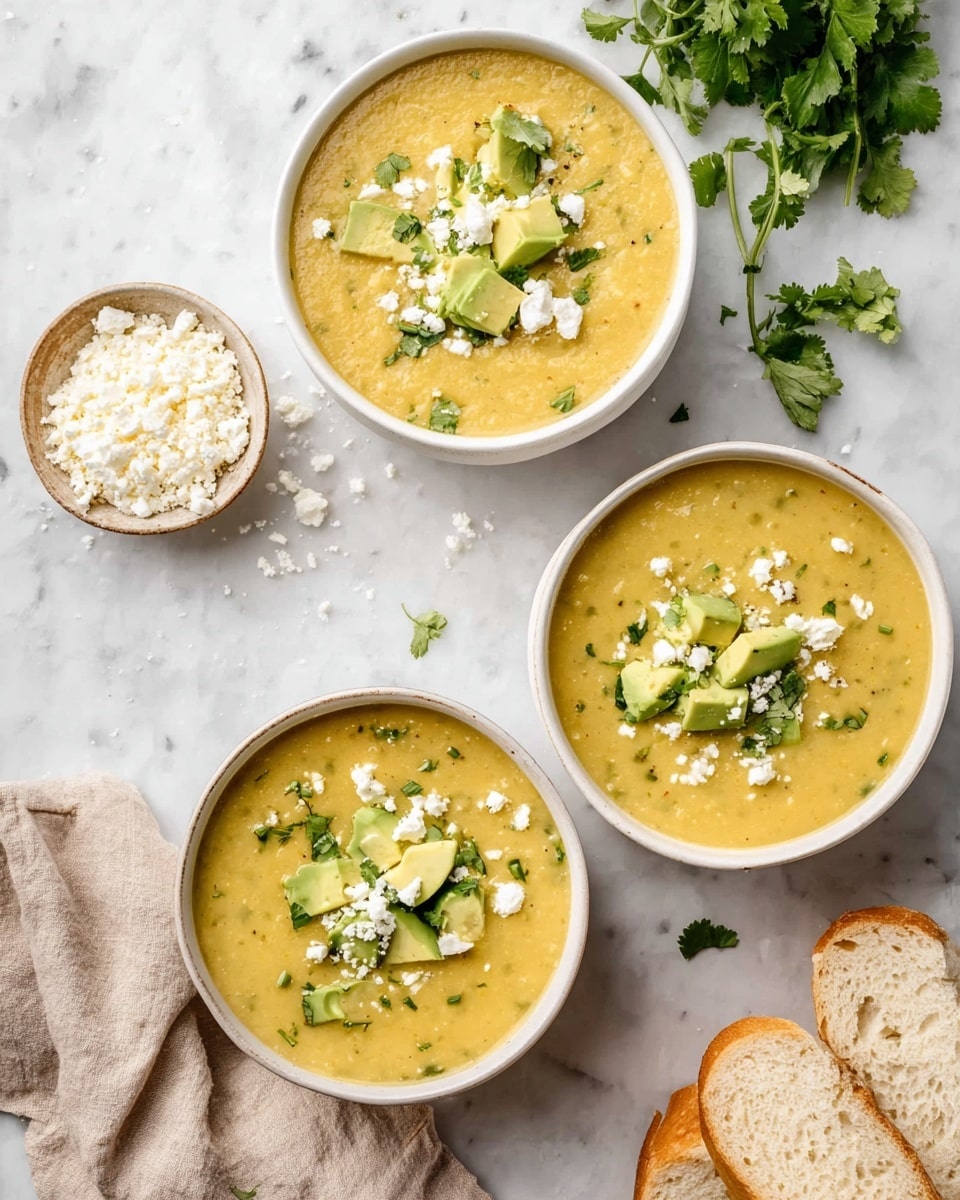Three white bowls each hold a thick, creamy yellow soup with small green herb pieces spread throughout. On top of each bowl, there are chunks of green avocado, sprinkled with white crumbled cheese and small green cilantro leaves. The bowls are placed on a white marbled surface, with a small bowl of cheese, fresh cilantro sprigs, and three thick slices of white bread nearby. A soft, light beige cloth is draped loosely at the bottom left edge. photo taken with an iphone --ar 4:5 --v 7