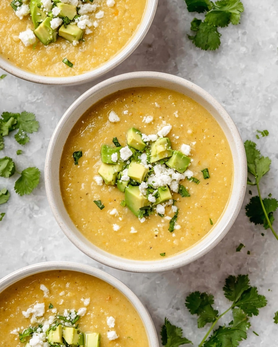 A white speckled bowl filled with creamy yellow-orange soup that has a slightly chunky texture, topped with bright green chunks of avocado, crumbled white cheese, and fresh green cilantro leaves scattered on top. The bowl rests on a white marbled surface, with some sprigs of cilantro nearby and a beige cloth partially visible in the corner. photo taken with an iphone --ar 4:5 --v 7