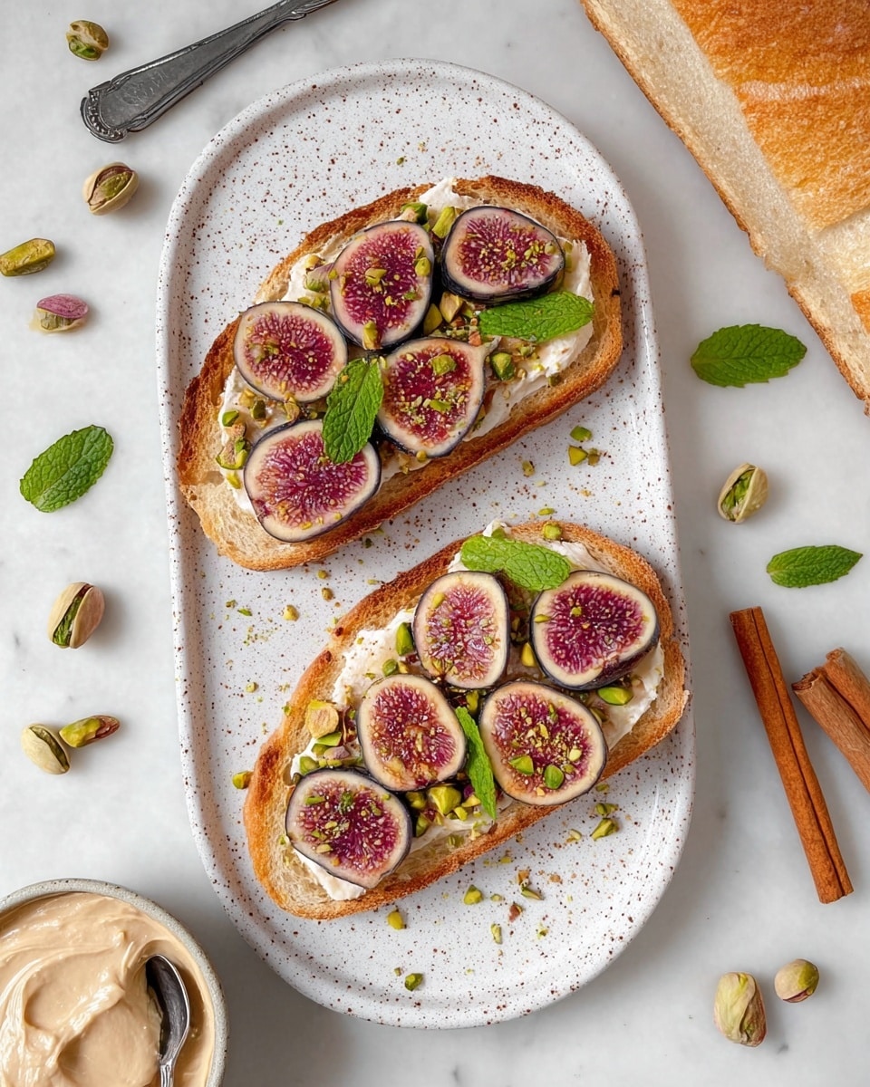 Two slices of toasted bread lie side by side on a white speckled oval plate. Each toast slice is topped with several round slices of fresh fig, showing deep pinkish-red flesh with dark purple edges. Small chopped green pistachios and tiny fresh green mint leaves are sprinkled on top of the figs, adding contrast. The plate rests on a white marbled surface scattered with more pistachio pieces, mint leaves, and cinnamon sticks nearby. A partial loaf of pale bread is visible to the top right, and a white bowl with creamy spread sits to the bottom left with a silver spoon beside it. Photo taken with an iphone --ar 4:5 --v 7