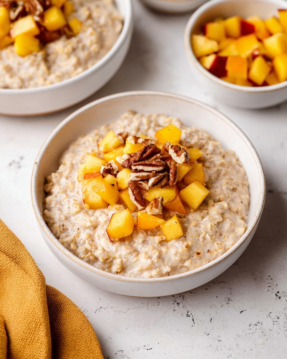 A white bowl filled with creamy oatmeal that has a soft, textured look with a light beige color. On top, there is a layer of small diced cooked apples in shades of golden yellow and soft red, mixed with small pecan pieces that have a rich brown color and rough texture. The oatmeal has a slightly glossy surface with some syrup around the apples and nuts. The bowl is placed on a white marbled surface. photo taken with an iphone --ar 4:5 --v 7