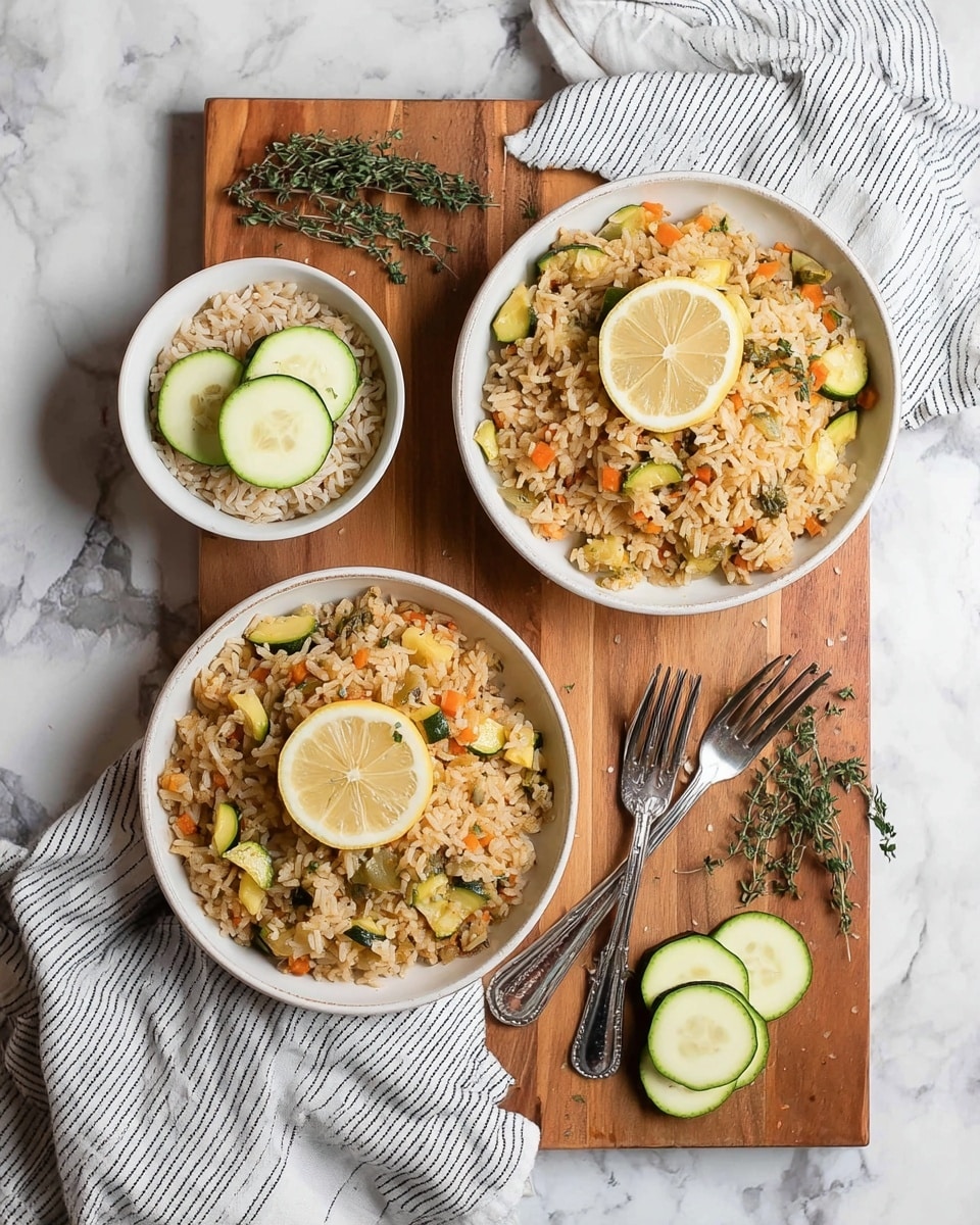 Two white bowls sit on a wooden board with striped cloths underneath. Each bowl is filled with cooked rice mixed with small pieces of green zucchini and orange carrot, giving a textured look to the rice. On top of each rice bowl, there is a thin round slice of lemon and a small sprig of fresh green thyme. To the left, a small white bowl holds uncooked rice with two slices of green zucchini on top. Near the bottom right corner, two silver forks rest on the wooden board next to sliced green zucchini pieces and a few sprigs of fresh thyme. The background is a white marbled surface. photo taken with an iphone --ar 4:5 --v 7