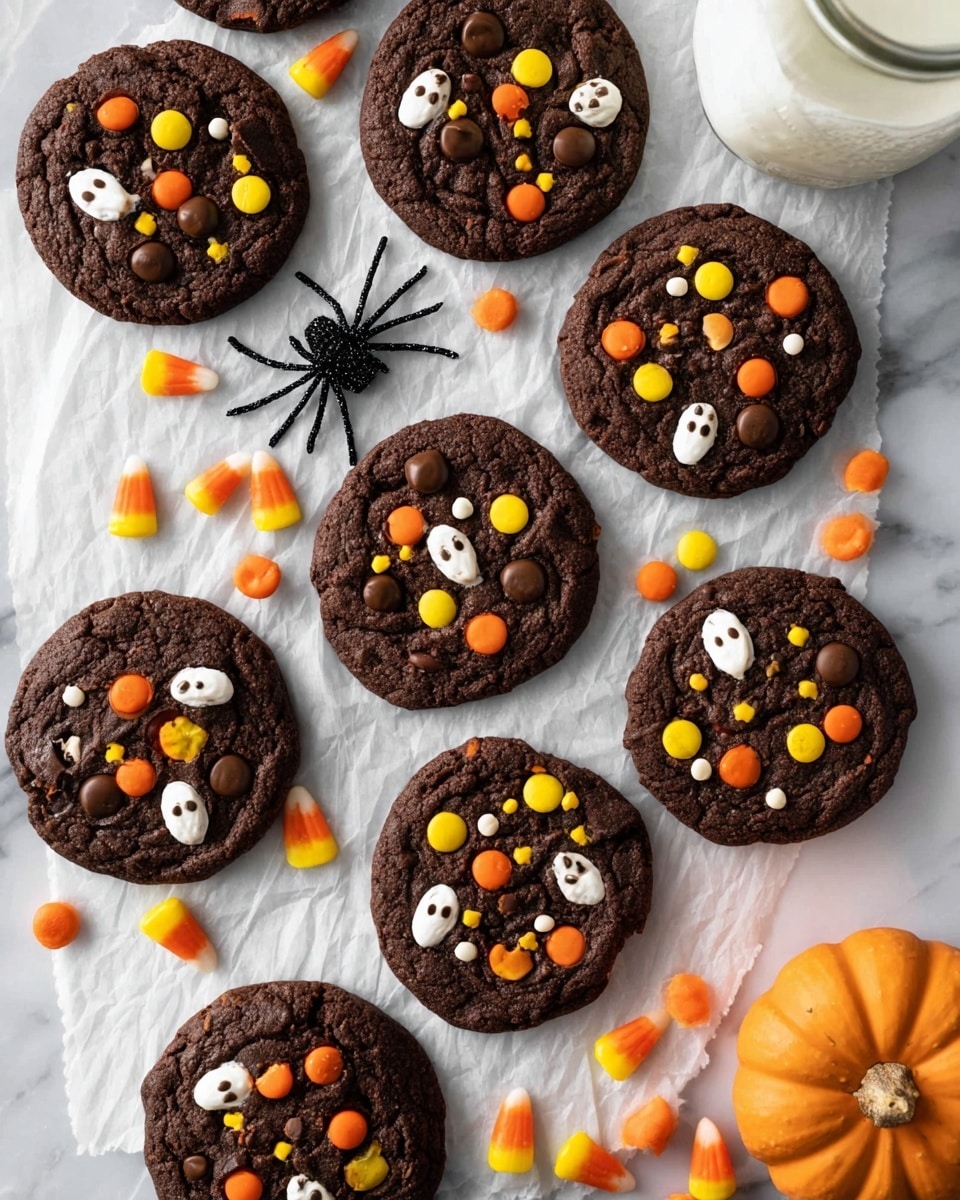 A group of nine round chocolate cookies are placed on white parchment paper over a white marbled surface. Each cookie is dark brown with a slightly rough texture and decorated with colorful candy pieces in orange, yellow, white, and brown, some shaped like small ghosts and sprinkles. A small black glittery spider decoration and two small orange pumpkins are arranged near the cookies. Some orange and yellow candy pieces are scattered around the cookies, and a clear glass jar with a white lid is in the upper right corner. Photo taken with an iphone --ar 4:5 --v 7