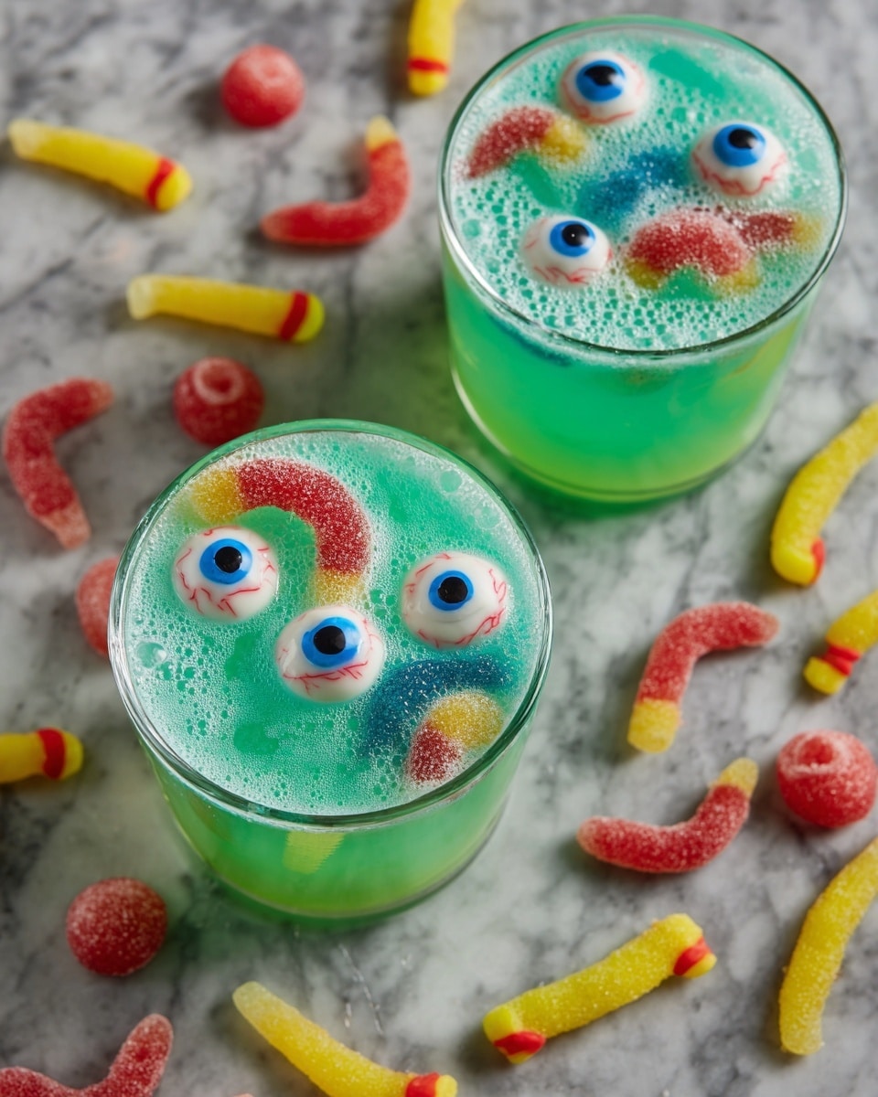 Two clear round glasses are filled with foamy green liquid showing bubbles on the surface. Each glass has several white, blue, and red eyeball-shaped candies floating on top. There are also small gummy worms stuck on the rims and floating inside the glasses. Around the glasses, on a white marbled surface, are more eyeball candies, some red brain-shaped gummies, and yellow finger-shaped candies with red tips, spread randomly. The image is shot from above. photo taken with an iphone --ar 4:5 --v 7