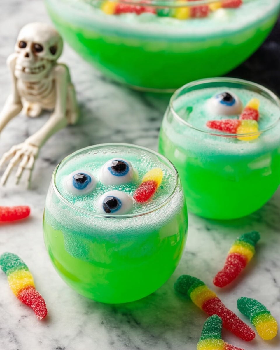 Two clear round glasses hold a bright green foamy drink with a lighter green foam layer on top. Each glass contains two candy eyeballs floating in the foam, showing white, blue, and black colors with red veins. On the edges of the glasses, colorful gummy worms in red, yellow, and green hang partially inside the drink. Around the glasses on a white marbled surface, several candy eyeballs, gummy worms, and candy fingers with red tips are scattered. In the background, a large white bowl filled with the same green drink is visible, along with a small white skeleton dog decoration. Photo taken with an iphone --ar 4:5 --v 7