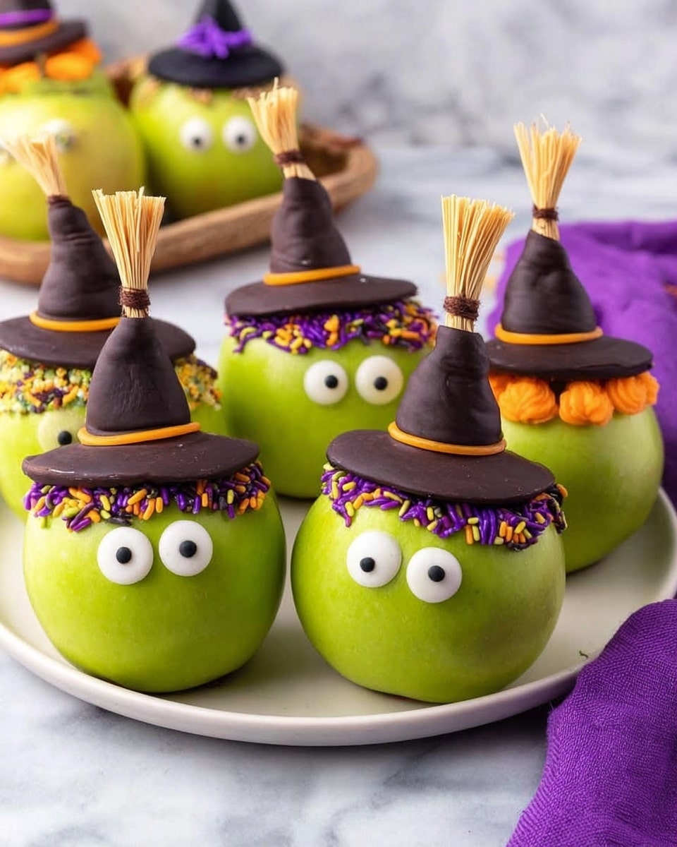 The image shows a white plate with five green apples decorated like little witches on a white marbled surface. Each apple has two round white eyes with black centers placed near the top front and is topped with a dark chocolate witch hat that sits on a colorful frosting ring—orange, purple, or green—decorated with small round and stick sprinkles. Around the base of some apples, there are mini brooms made from light-yellow strands tied with dark brown licorice, with a thin stick serving as the broom handle. A woman's hand is holding one broom stick upright from the side of one apple. The background includes a purple cloth near the plate. Photo taken with an iphone --ar 4:5 --v 7