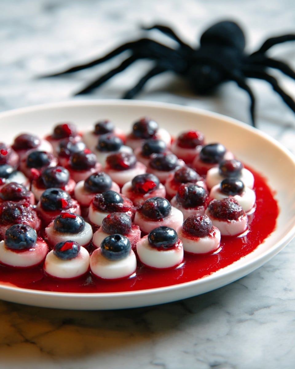 A white plate holds a layer of bright red sauce spread evenly across the bottom. On top of this sauce are about two layers of small, round white pieces arranged in neat rows, each piece topped with a glossy, dark blue or black berry. Some of the berries have small red bits around them, blending into the sauce. The background is a soft white marbled texture, with a large dark spider-like object blurry in the distance. Photo taken with an iphone --ar 4:5 --v 7