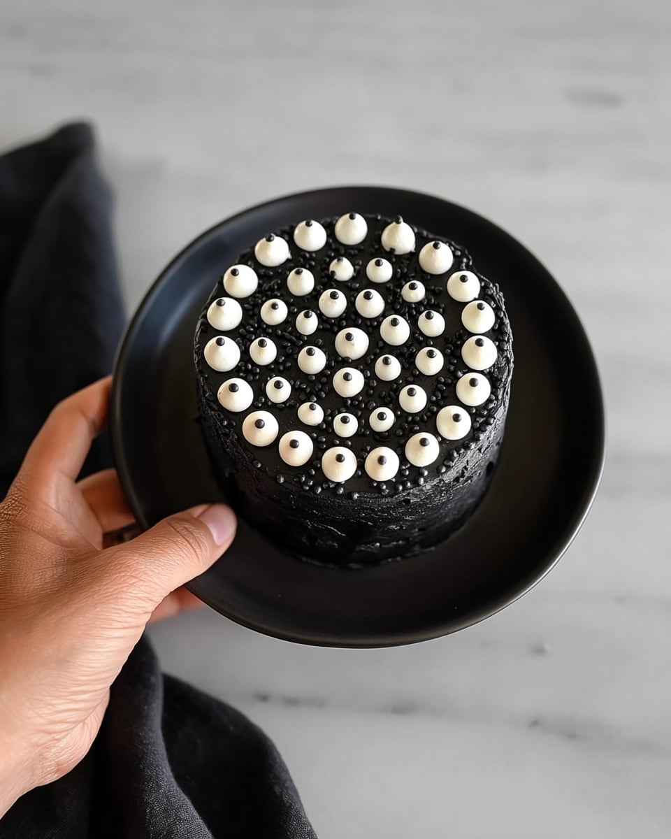 A small, round black cake is shown from above, decorated with two rows of evenly spaced small white dollops with a single tiny dark dot in the center of each, covering the top and sides. The cake has a rough texture and sits inside a black cup placed on a larger black saucer, all set on a white marbled surface. A woman's hand is gently holding the edge of the cup. photo taken with an iphone --ar 4:5 --v 7