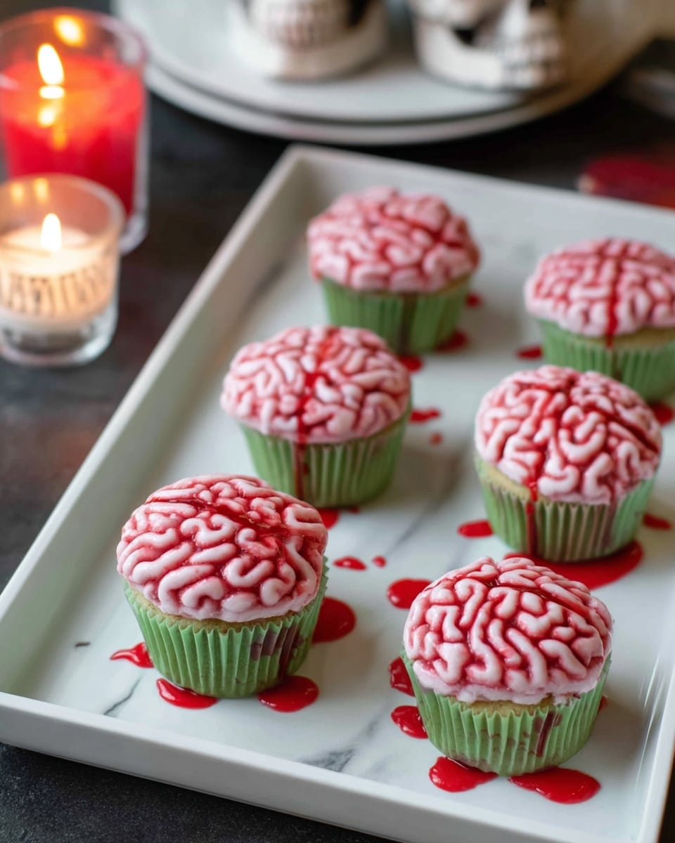 There is a white rectangular tray with seven cupcakes arranged on it. Each cupcake has a green wrapper and is topped with pale pink frosting piped to look like brain folds. Bright red syrup is dripping and pooling around the base of each cupcake, resembling blood. The tray rests on a white marbled surface. In the background, there is a lit candle in a glass holder and a small skull decoration, creating a spooky atmosphere. photo taken with an iphone --ar 4:5 --v 7