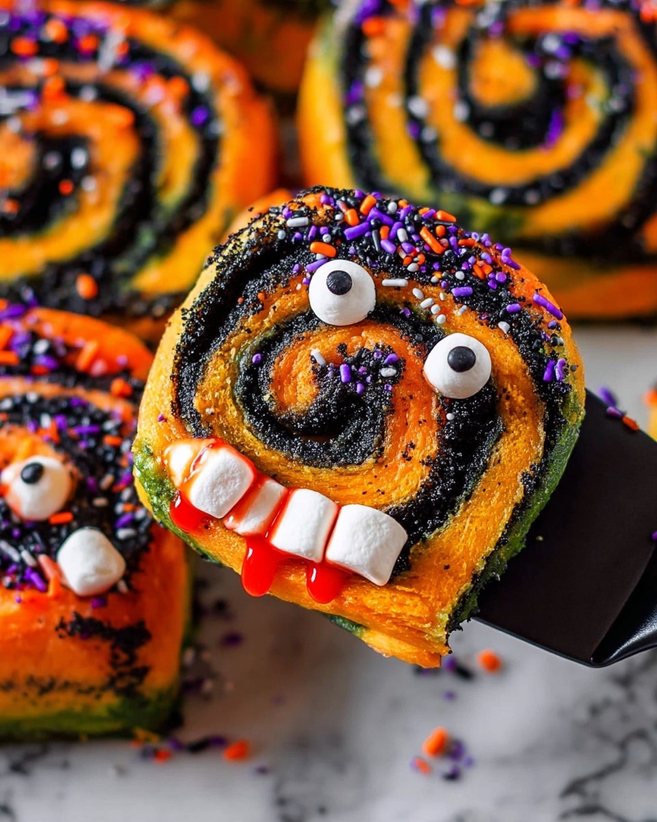 The image shows a bright Halloween-themed swirl roll with three visible layers: an orange dough layer, a black dough layer, and a touch of green dough blending around the edges. The swirl is decorated with two candy eyes placed near the center and four small white marshmallow pieces at the front, each topped with red coloring to look like dripping blood. The roll is sprinkled with orange and purple small candy bits scattered on top. Several similar swirl rolls lay stacked in the background on a white marbled surface, and a black spatula holds one roll up close to the camera. Photo taken with an iphone --ar 4:5 --v 7