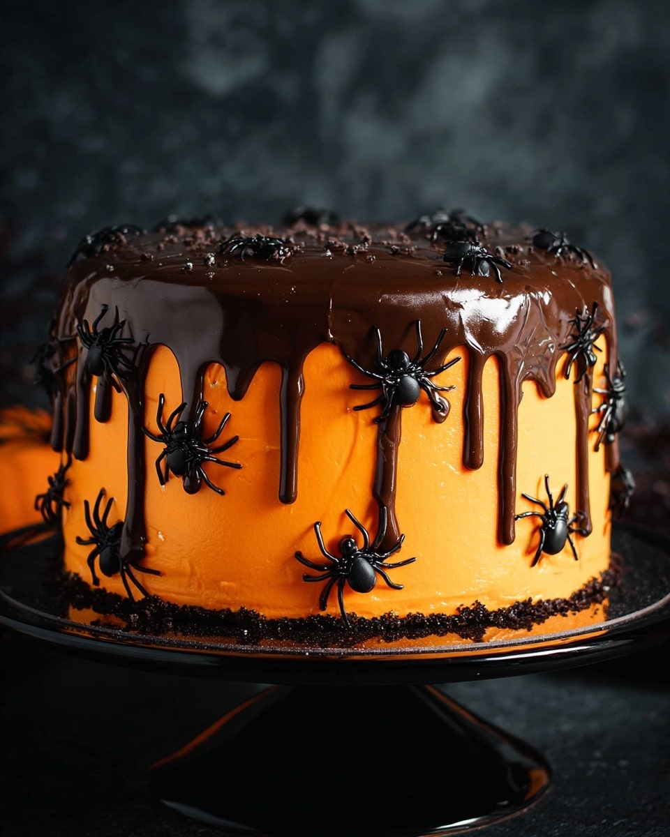 The image shows a round cake with three visible layers covered in smooth, bright orange frosting. On top and edges, dark glossy chocolate glaze drips down thickly in uneven streams. Several small, black plastic spiders cling to the sides, top, and base of the cake on a glossy black cake stand. The background is dark with blurred lit candles, and the cake sits on a white marbled surface. Photo taken with an iphone --ar 4:5 --v 7