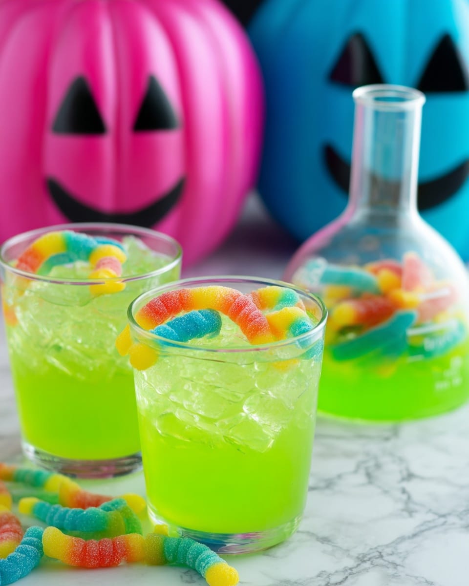 The image shows two clear glasses filled with bright green liquid and crushed ice, each topped with colorful gummy worms in red, blue, yellow, green, orange, and pink colors. Behind the glasses, there is a white laboratory flask filled with the same green drink and ice, also adorned with gummy worms. The background features a white marbled surface with two large pumpkin-shaped containers, one pink and one blue, both with black carved faces smiling. photo taken with an iphone --ar 4:5 --v 7