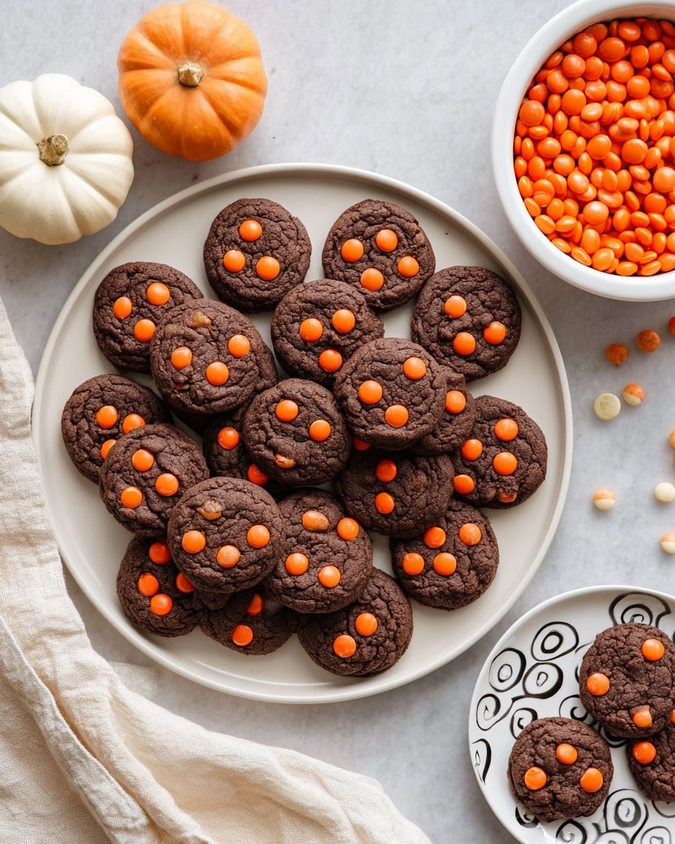 Round chocolate cookies with a cracked texture sit scattered on a silver cooling rack above a white marbled surface. Each cookie is topped with three or four bright orange candy pieces evenly spaced across the top. Below the rack, a small white bowl holds more of the same orange candies, with a few candies spilled nearby on the marbled surface. The overall look is neat and colorful. photo taken with an iphone --ar 4:5 --v 7