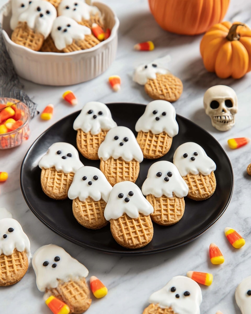 The image shows a group of peanut-shaped cookies laid out on a white marbled surface and on a baking tray lined with parchment paper. Each cookie has two parts: the bottom is a golden brown peanut shape with a crisscross pattern that looks like a real peanut shell, and the top half is covered in smooth white icing that drips slightly down onto the peanut part. Some cookies have two small dark chocolate dots on the white icing part, resembling eyes. A brown piping bag lies near the cookies on the surface, suggesting the eyes were freshly added. The overall look is playful and resembles ghosts with peanut bodies. Photo taken with an iphone --ar 4:5 --v 7