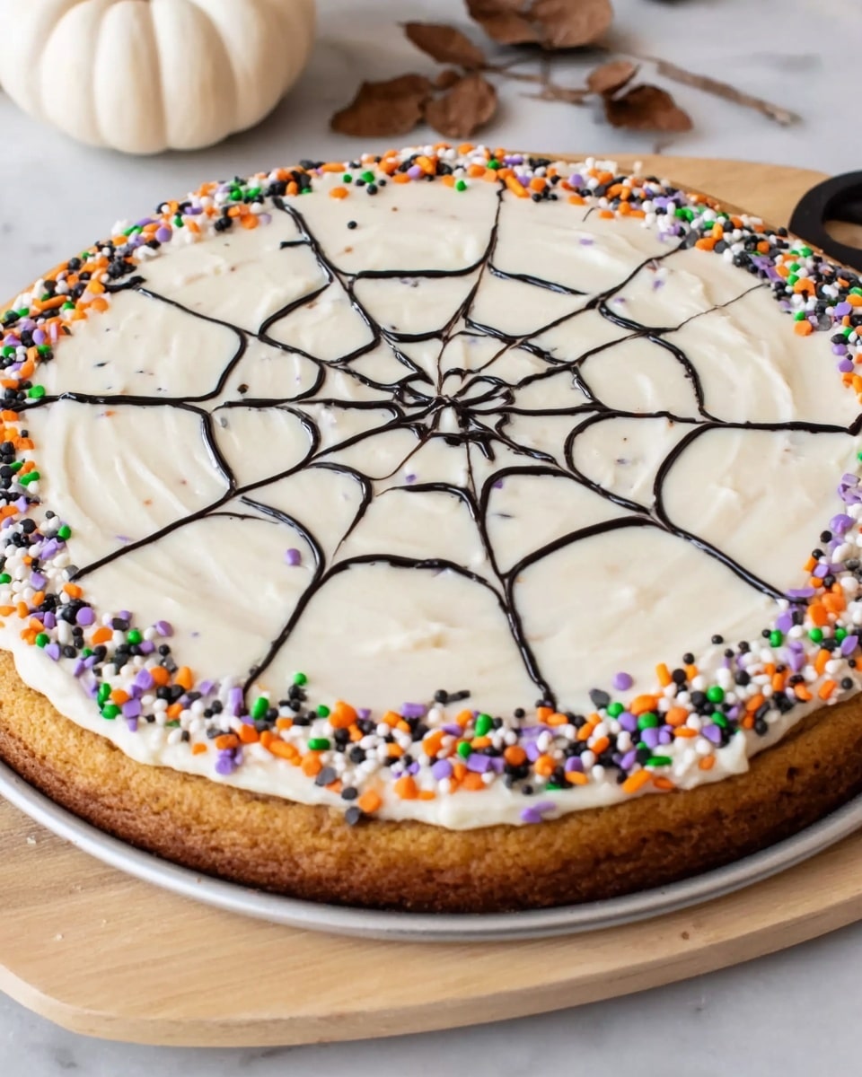 A large round cookie sits on a white pan, resting on a light wooden board with some dried brown leaves and a small white pumpkin in the background on a white marbled surface. The cookie has two main layers: a golden-brown base with a smooth, thick layer of white icing on top. Around the edge, there are colorful sprinkles in orange, green, purple, black, and white, adding texture and a festive look. A thin black spiral decoration starts from the center and curls outward evenly across the white icing, creating a neat pattern. The image feels bright and clear, showing the cookie’s detail well. Photo taken with an iphone --ar 4:5 --v 7
